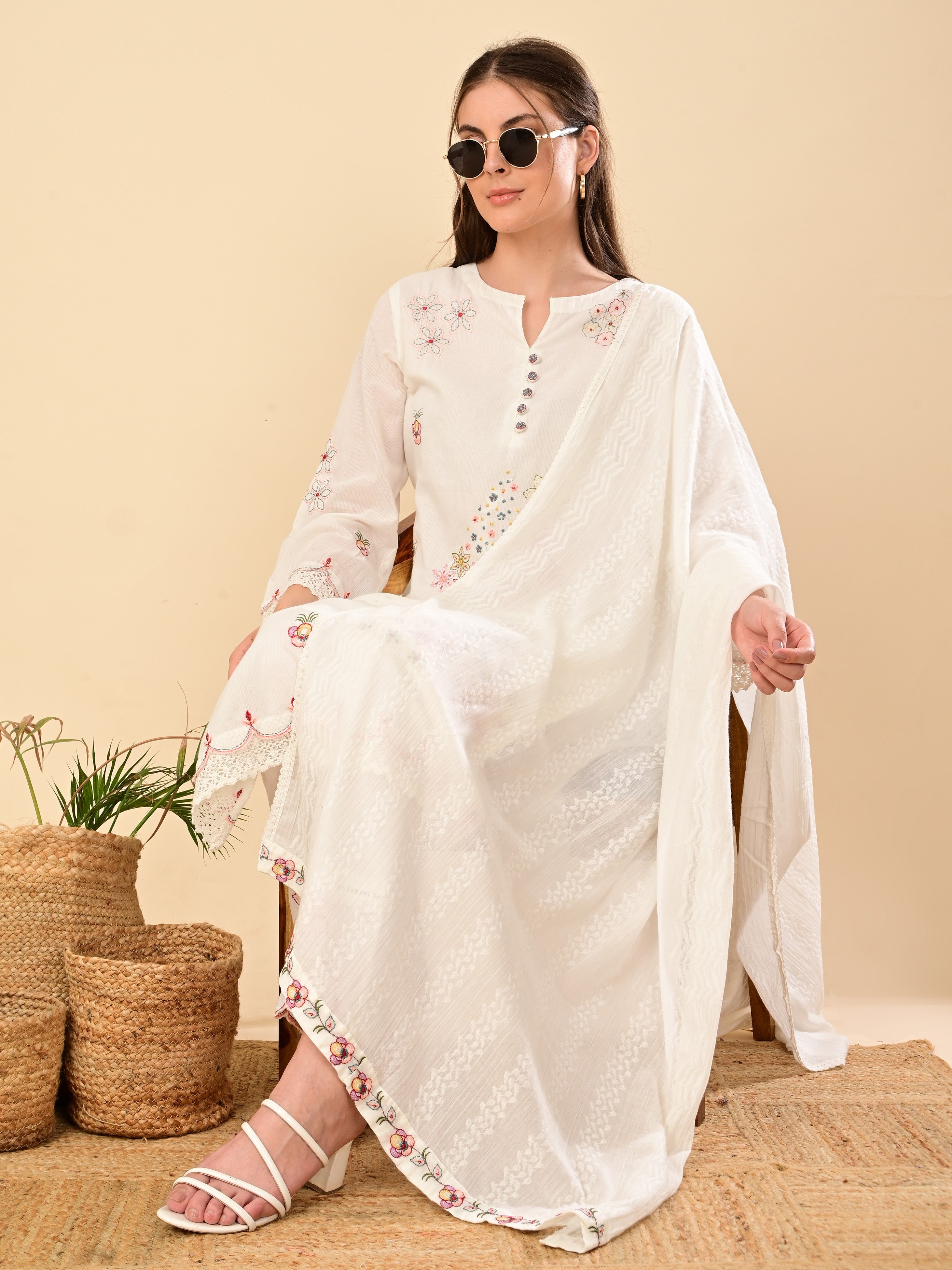 Aulera Signature: The Pristine White Embroidered Mulmul Set