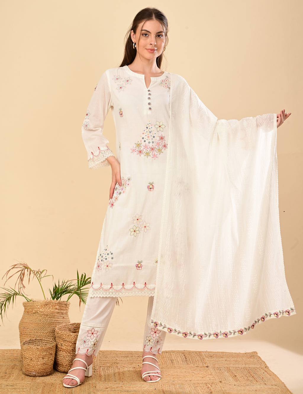 Aulera Signature: The Pristine White Embroidered Mulmul Set