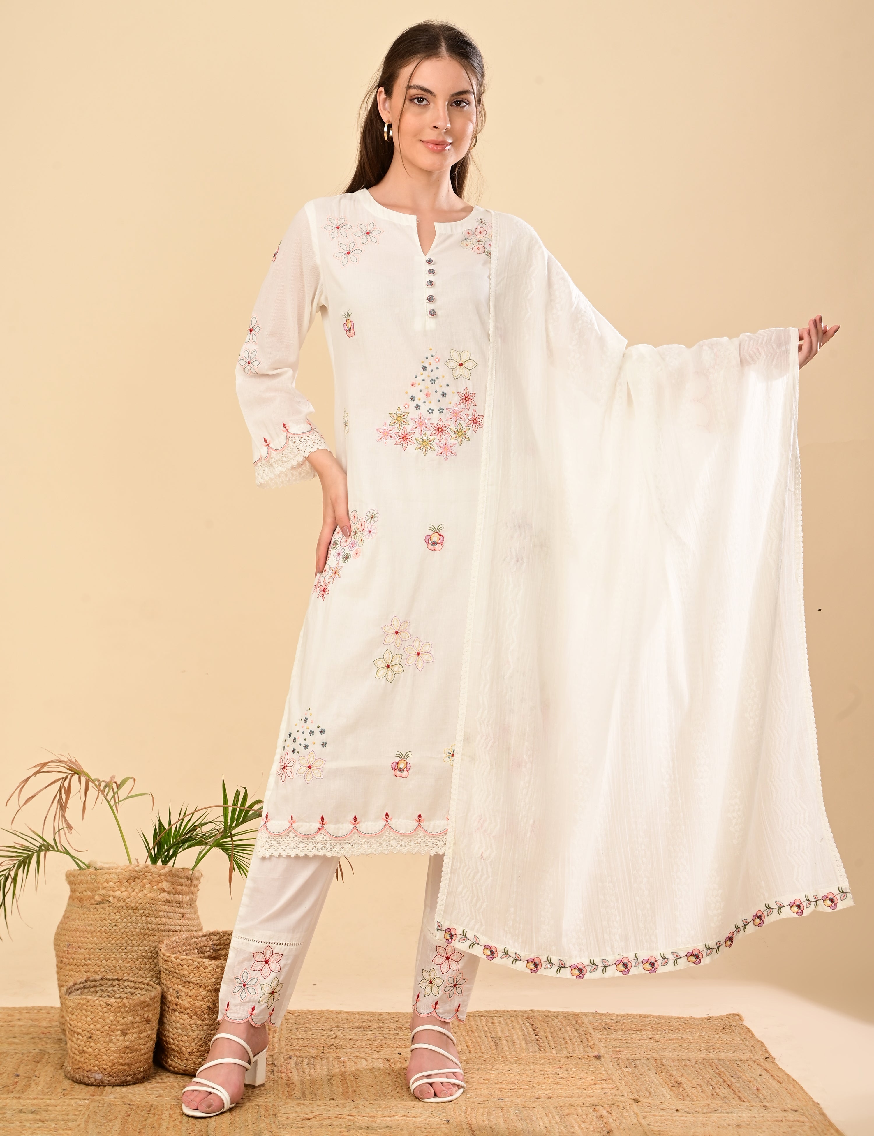 Aulera Signature: The Pristine White Embroidered Mulmul Set
