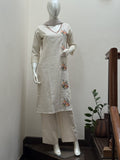 Ivory Floral Hand-work Linen Kurta Set for Women with Pants