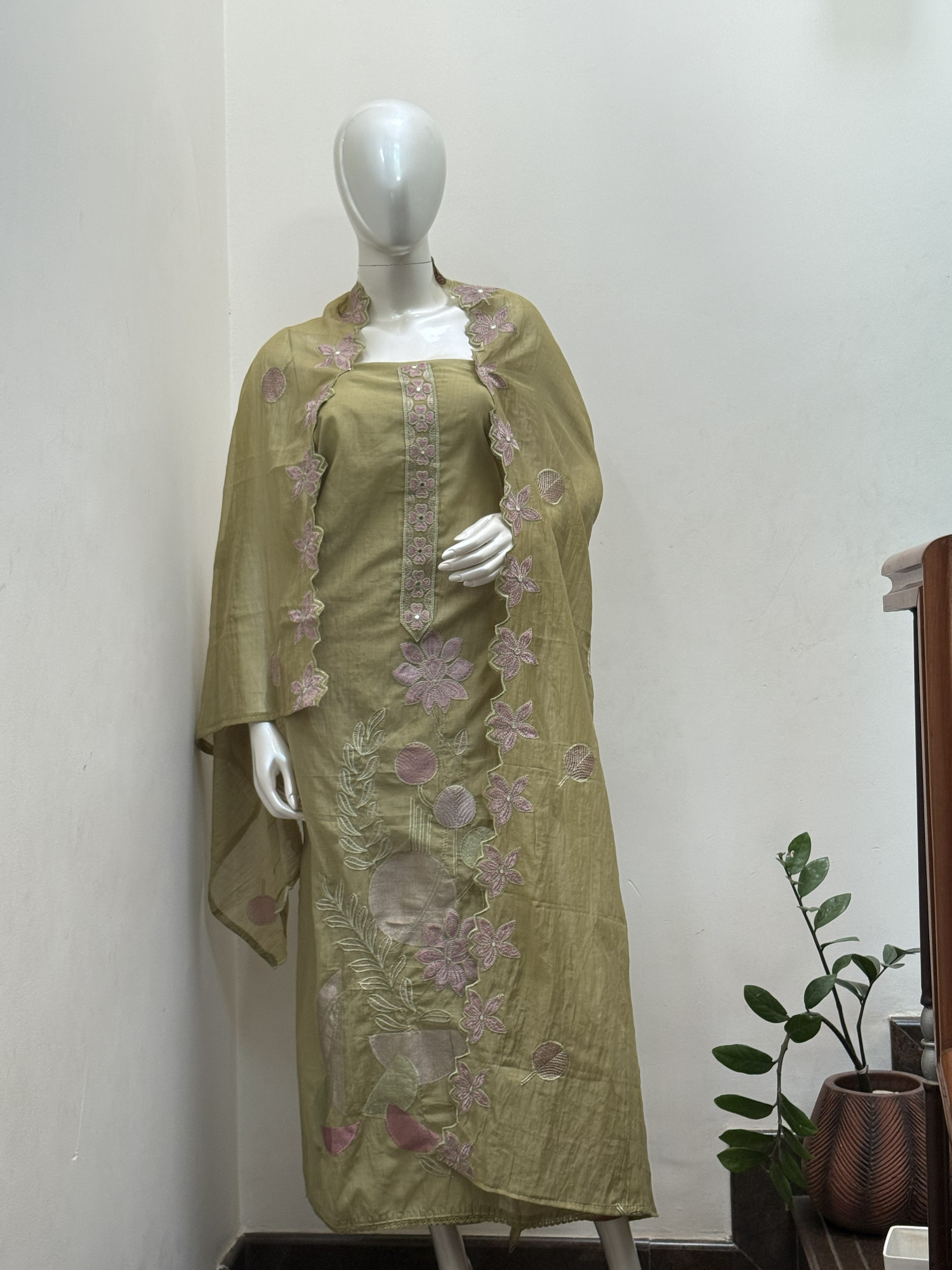 Olive Green & Blush Floral Embroidered 3-Piece Churidar Set