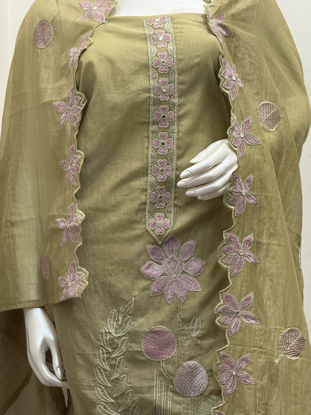 Olive Green & Blush Floral Embroidered 3-Piece Churidar Set