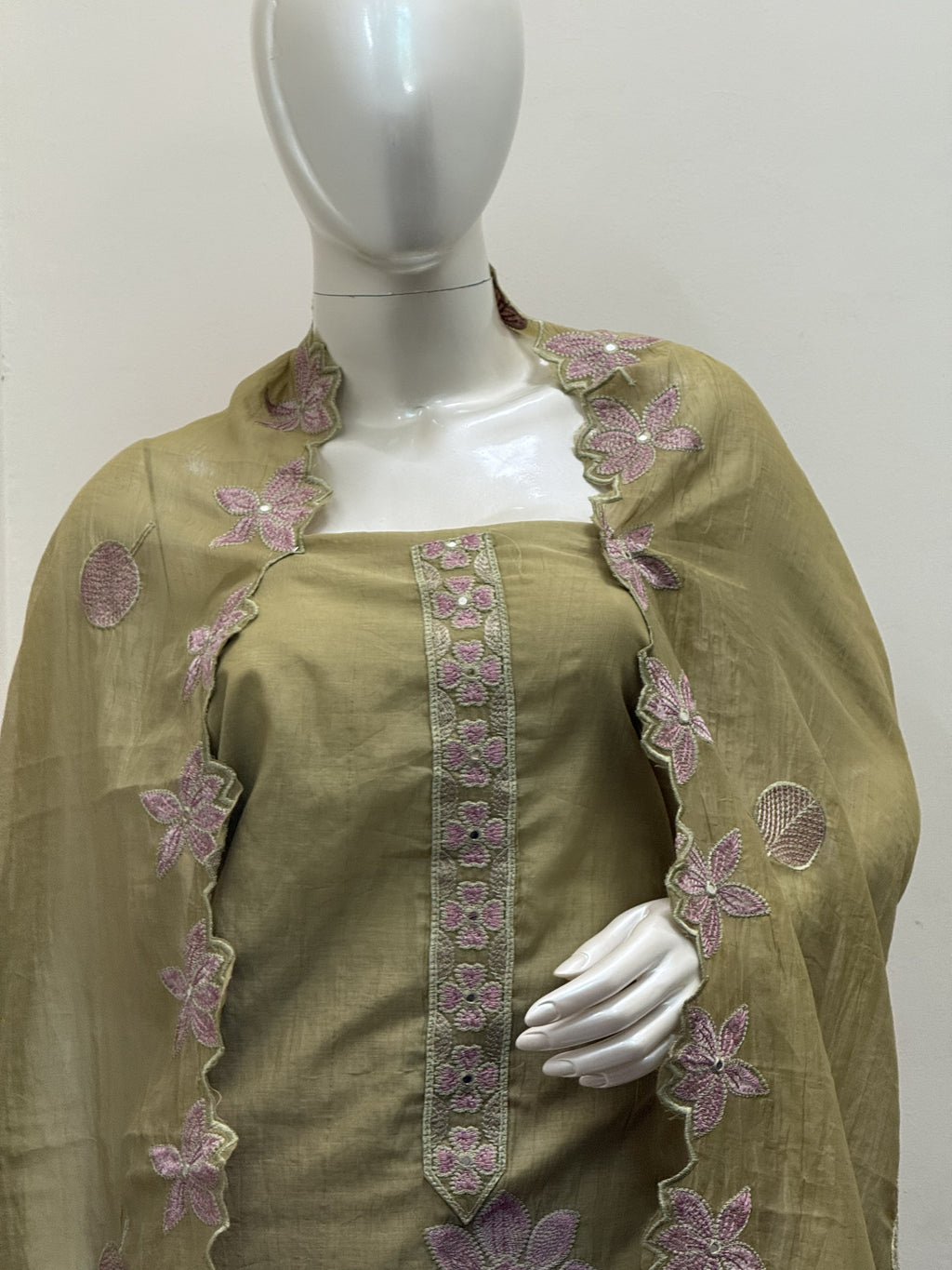Olive Green & Blush Floral Embroidered 3-Piece Churidar Set