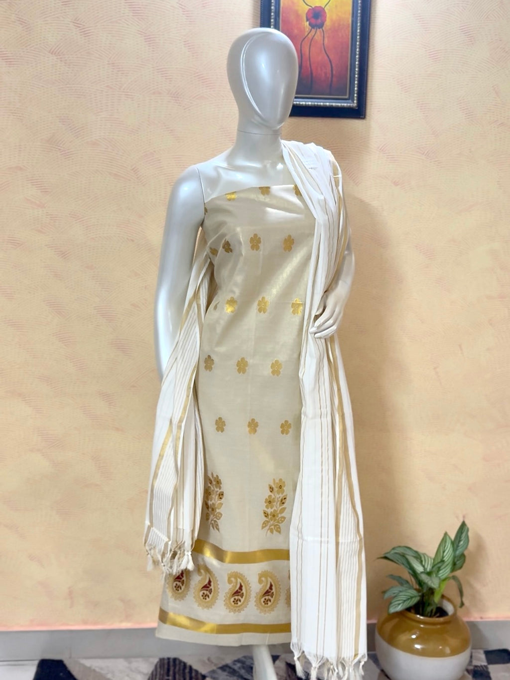 Elegant Off-White Tissue Silk Churidar Material with Cotton Dupatta & Bottom | 3-Piece Unstitched Suit Set