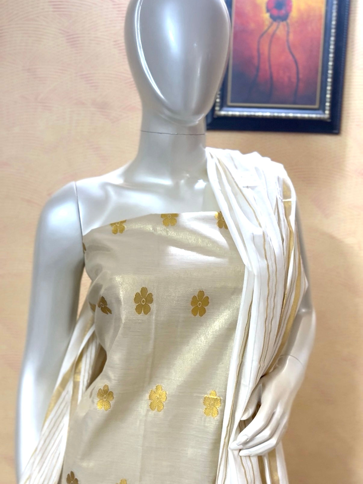 Elegant Off-White Tissue Silk Churidar Material with Cotton Dupatta & Bottom | 3-Piece Unstitched Suit Set