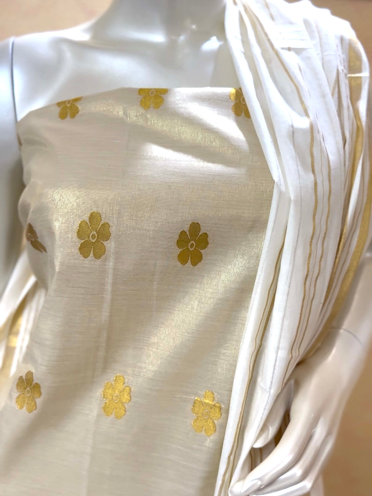 Elegant Off-White Tissue Silk Churidar Material with Cotton Dupatta & Bottom | 3-Piece Unstitched Suit Set