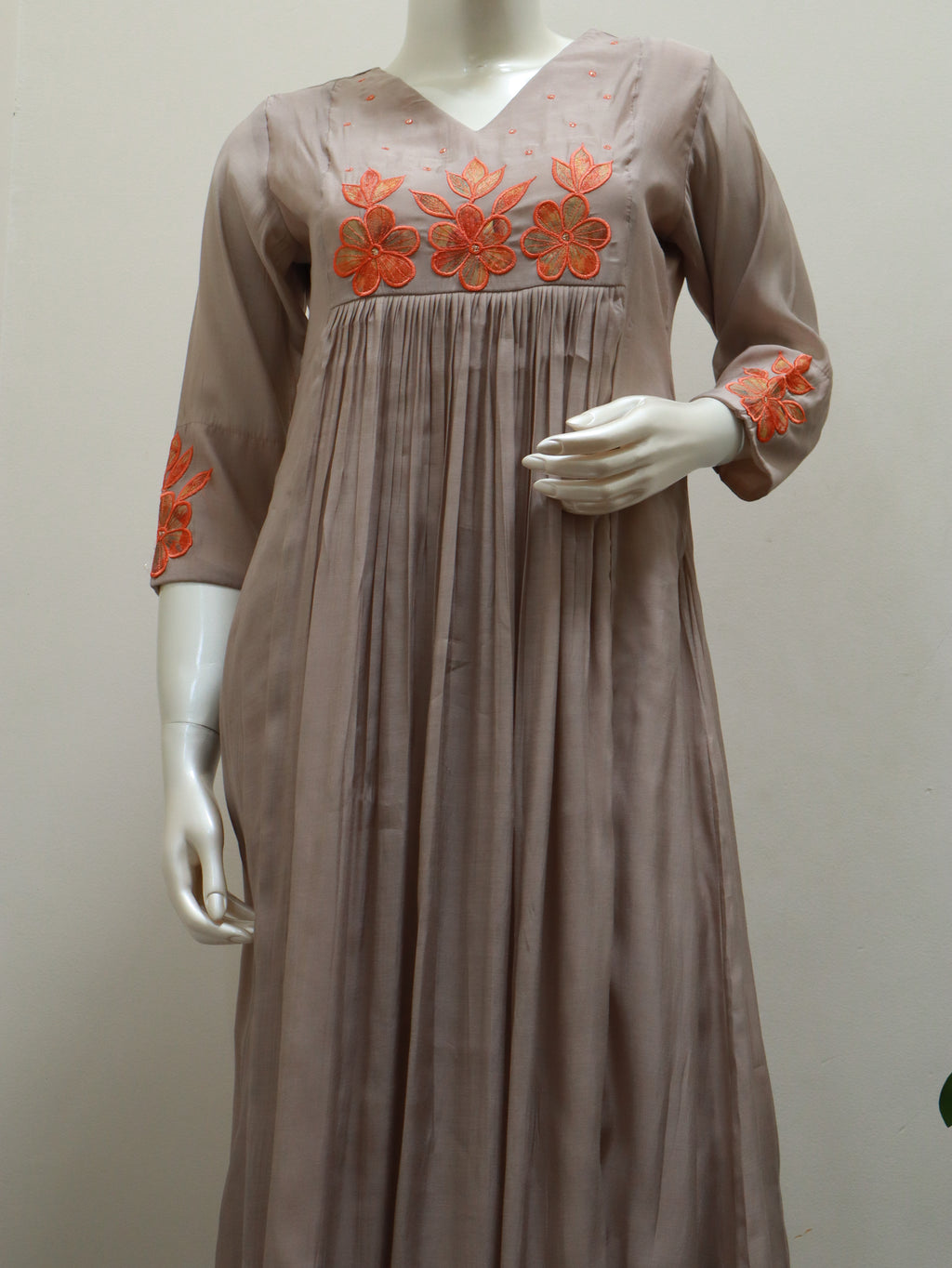 Mul Chanderi Taupe Embroidered Pleated Churidar Set - 3 piece