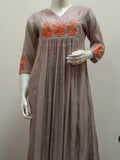 Mul Chanderi Taupe Embroidered Pleated Churidar Set - 3 piece