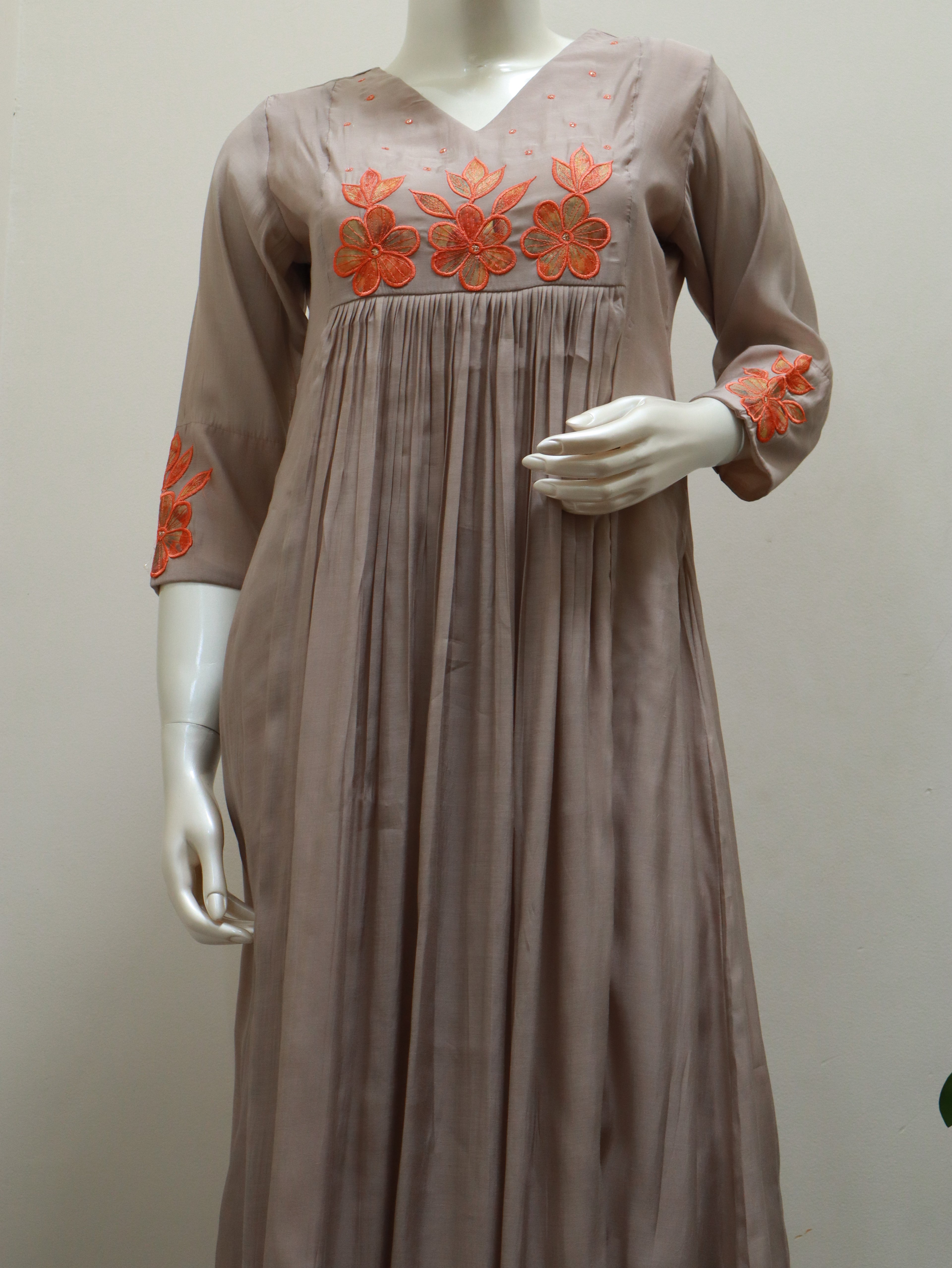 Mul Chanderi Taupe Embroidered Pleated Churidar Set - 3 piece
