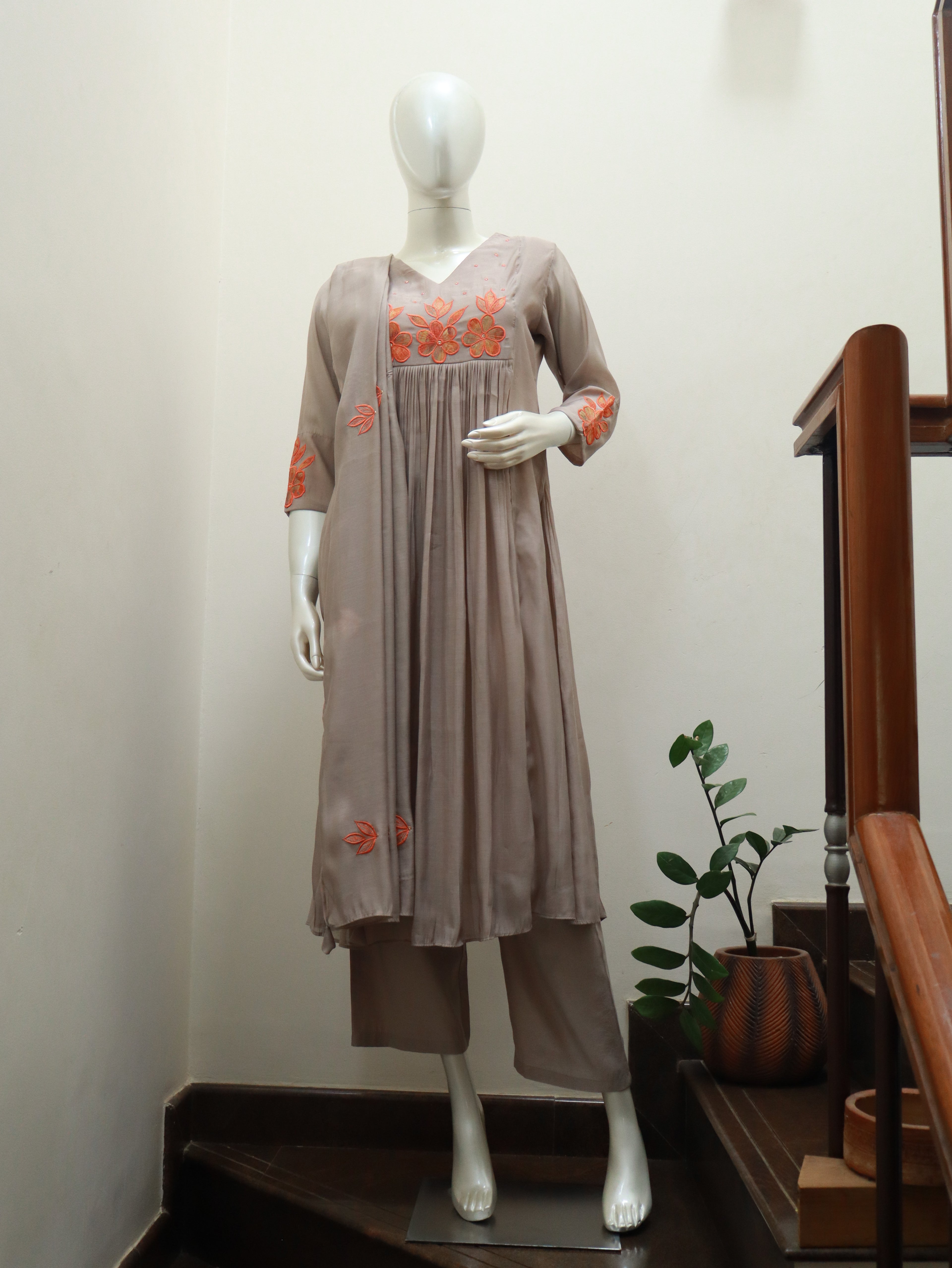 Mul Chanderi Taupe Embroidered Pleated Churidar Set - 3 piece