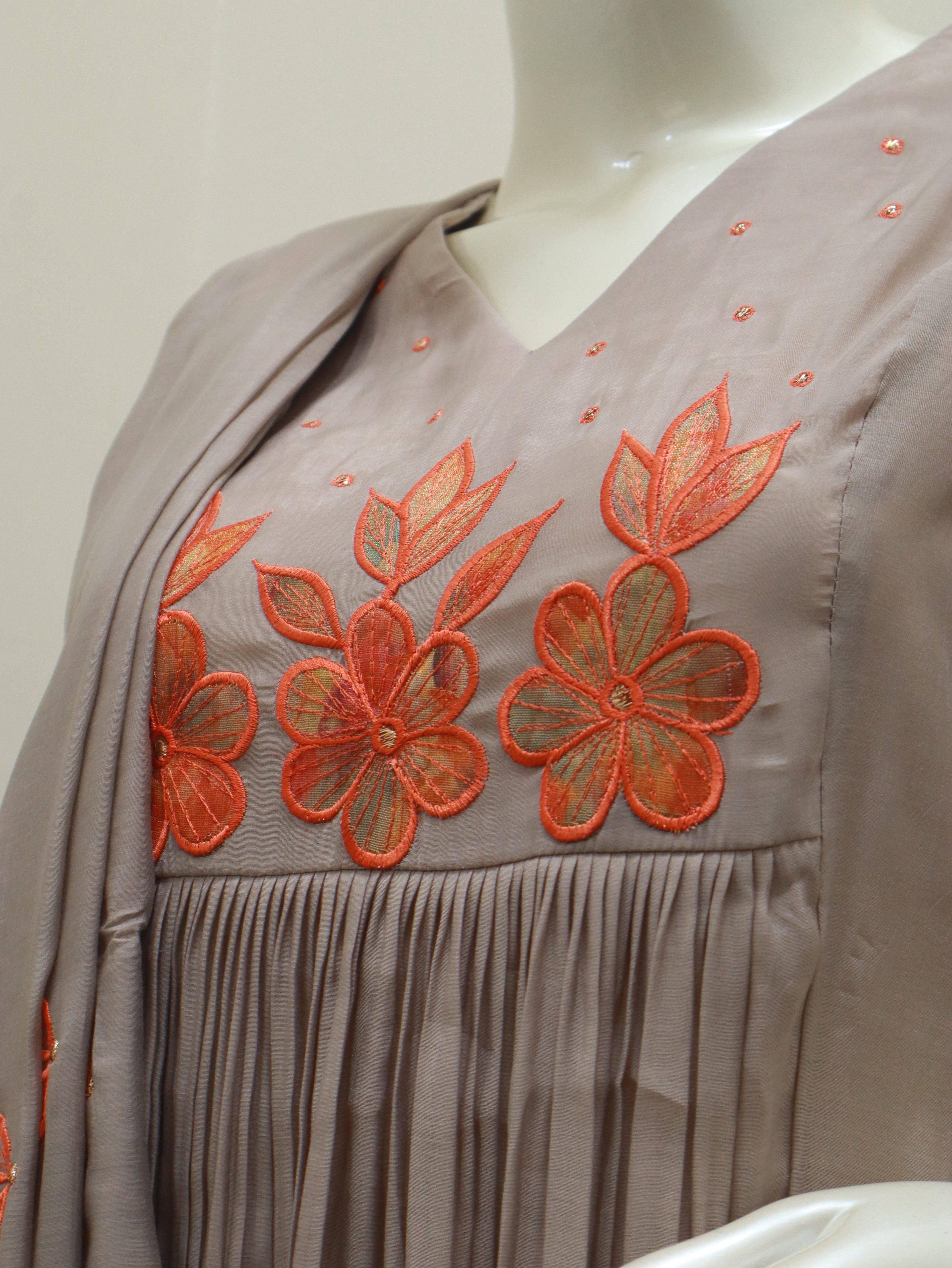 Mul Chanderi Taupe Embroidered Pleated Churidar Set - 3 piece