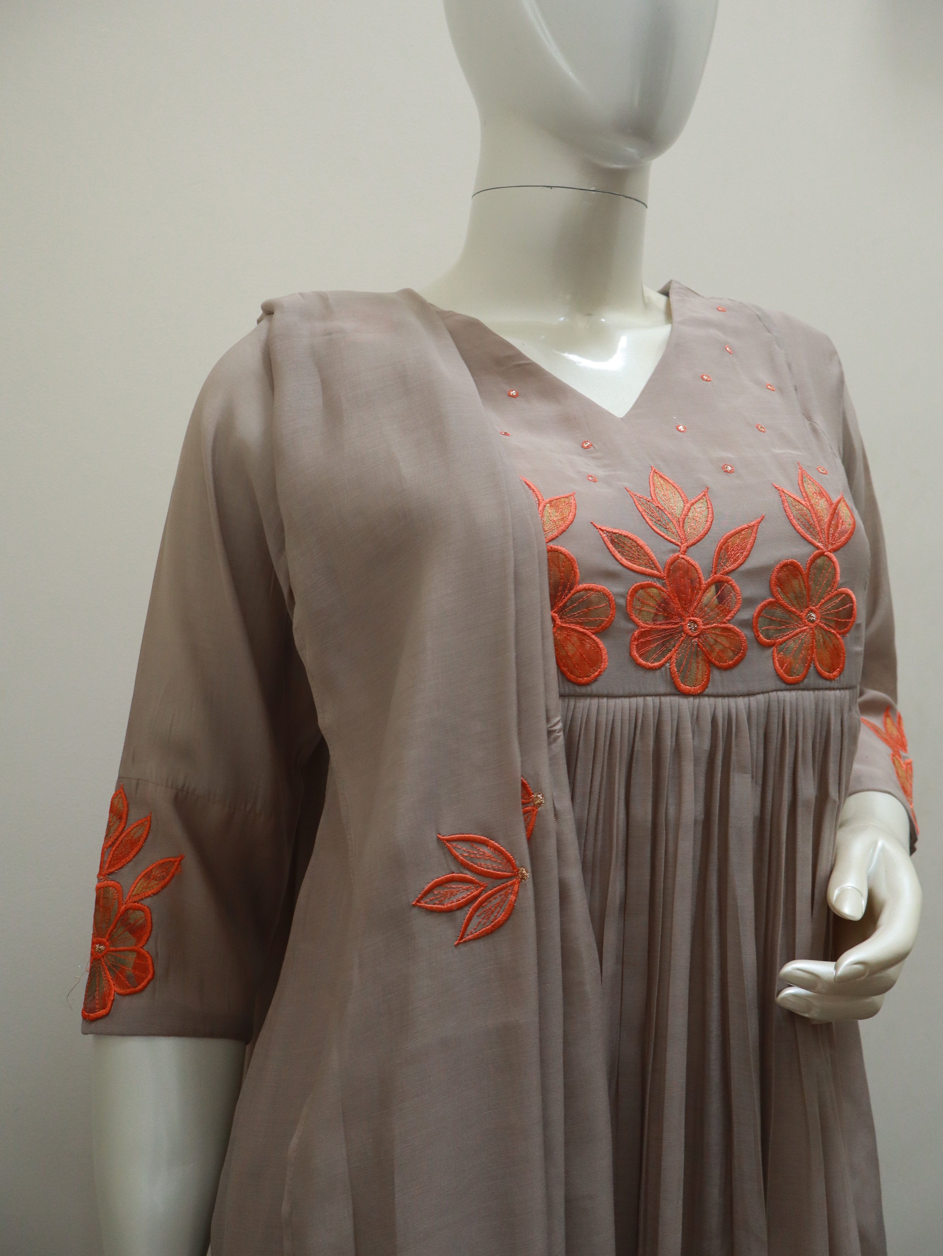 Mul Chanderi Taupe Embroidered Pleated Churidar Set - 3 piece