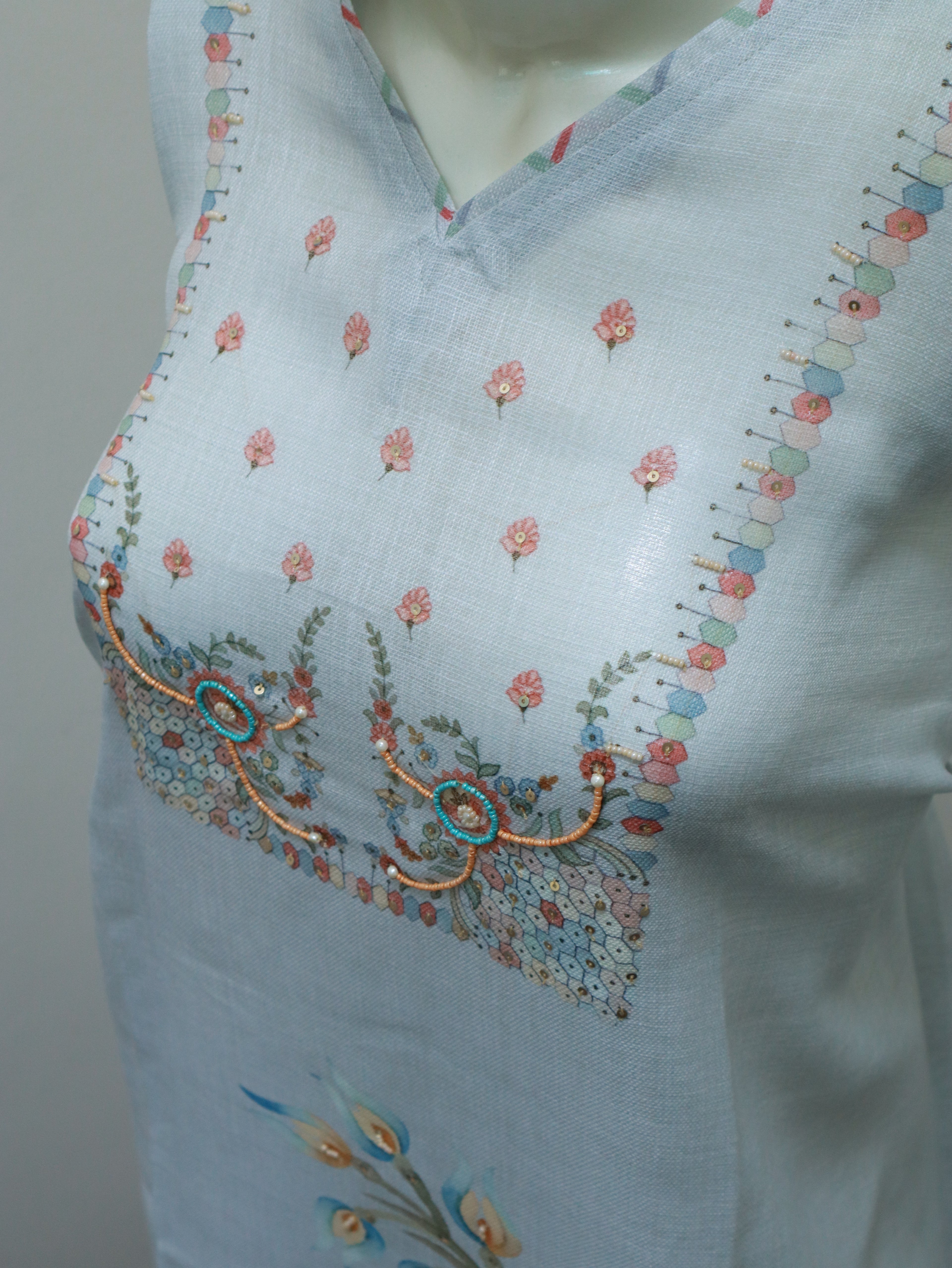 Pastel Bloom Hand painted Linen Semi-Stitched Pure Premium Linen Suit set