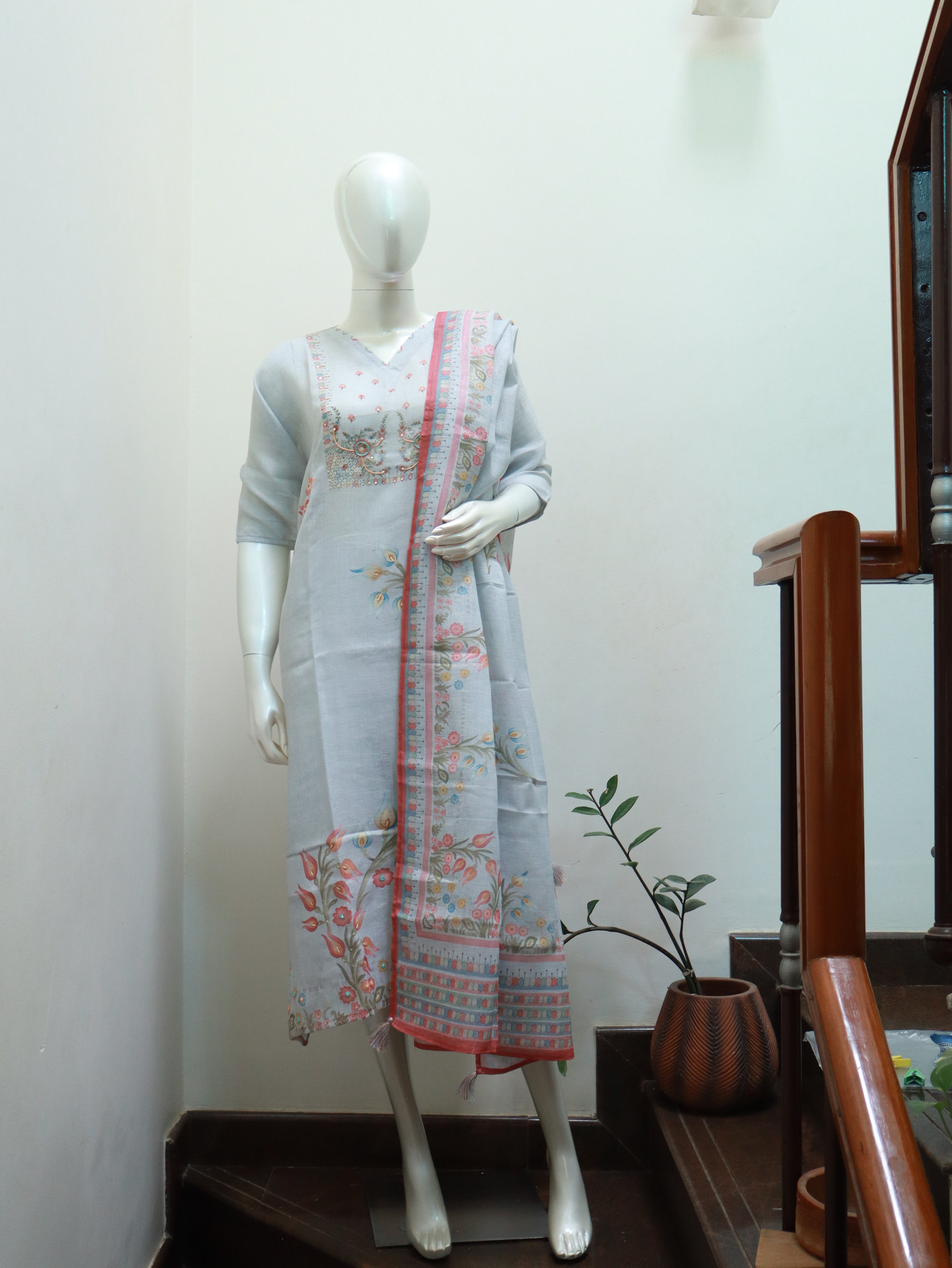 Pastel Bloom Hand painted Linen Semi-Stitched Pure Premium Linen Suit set