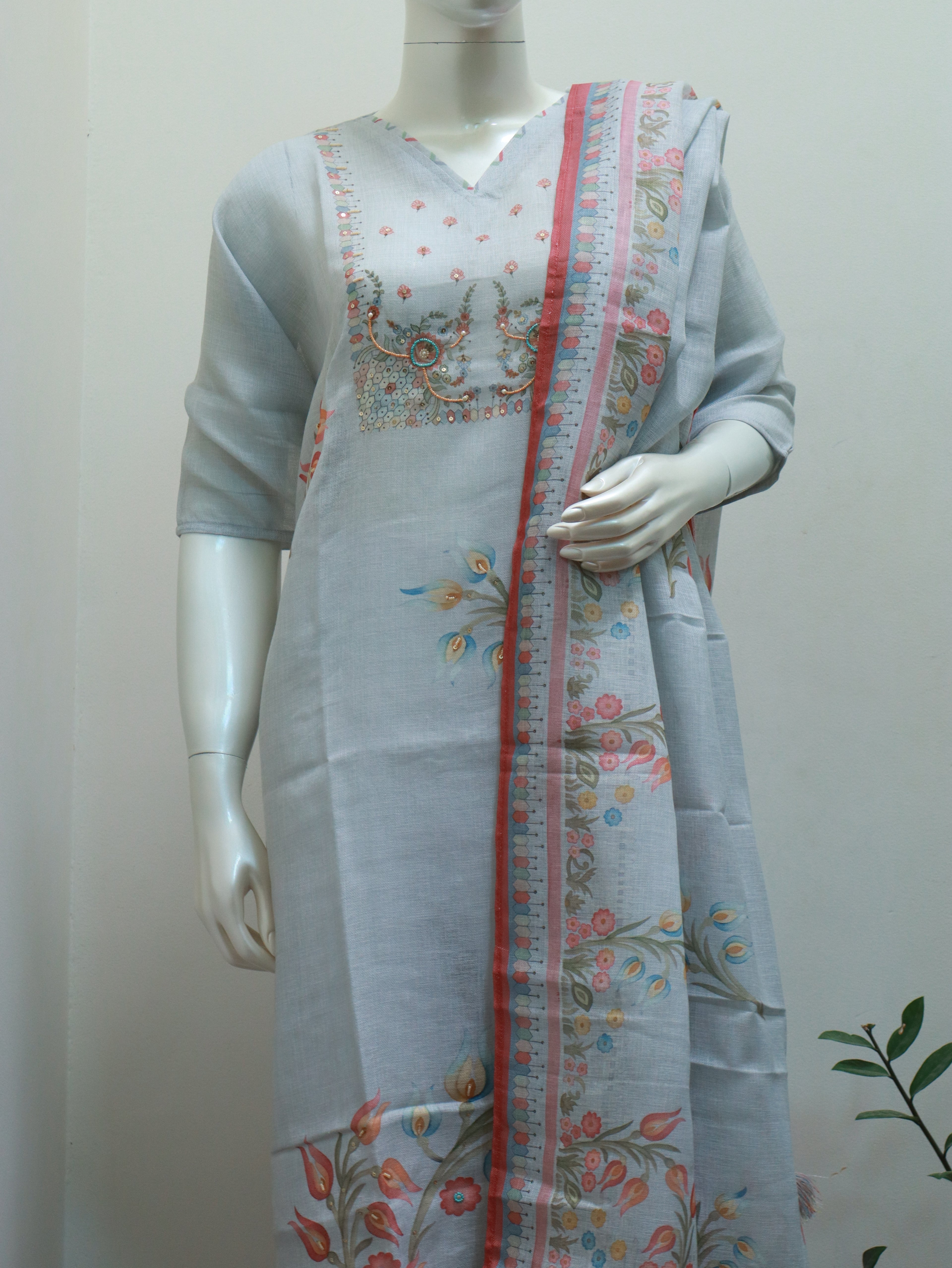 Pastel Bloom Hand painted Linen Semi-Stitched Pure Premium Linen Suit set