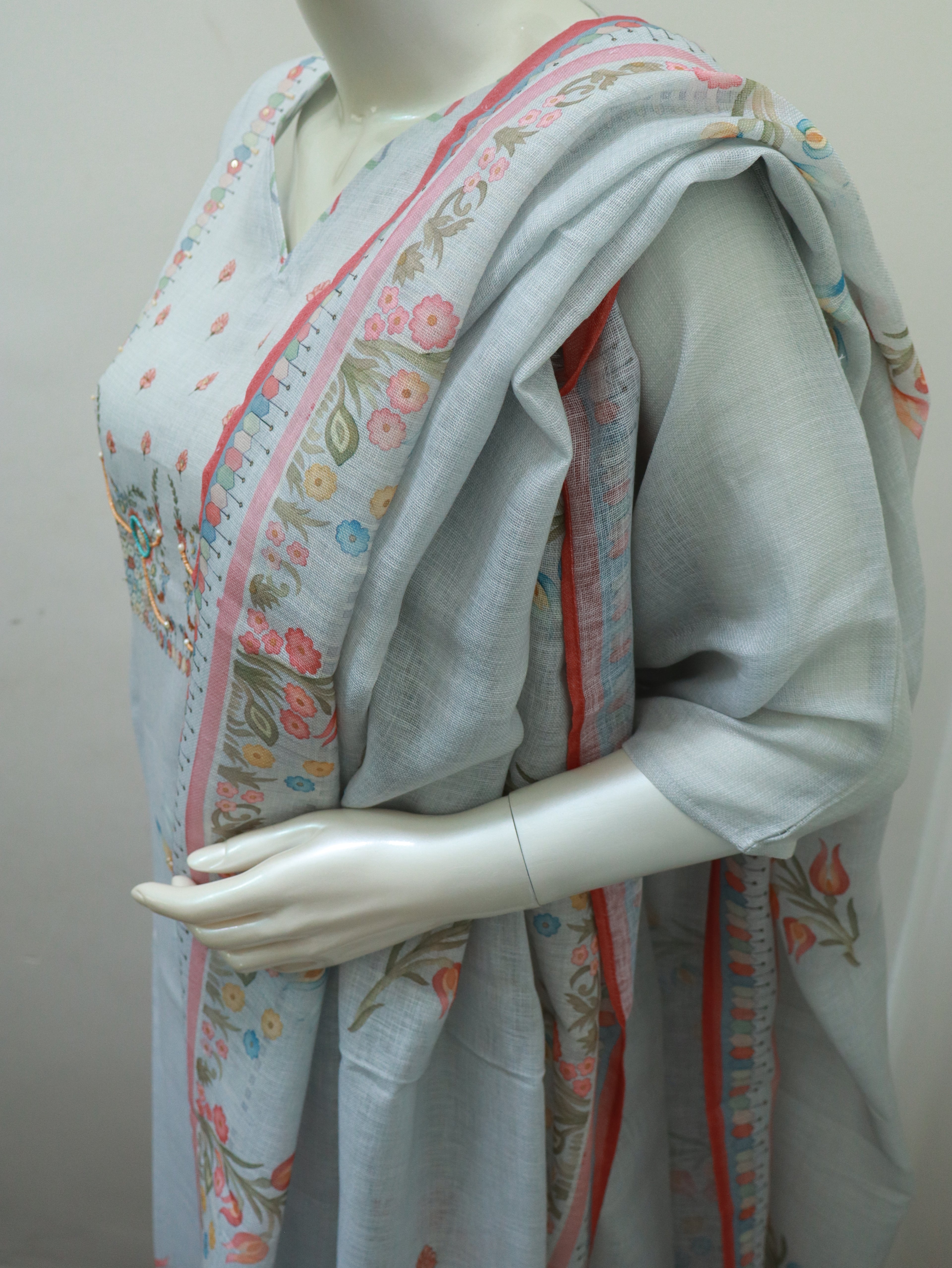 Pastel Bloom Hand painted Linen Semi-Stitched Pure Premium Linen Suit set