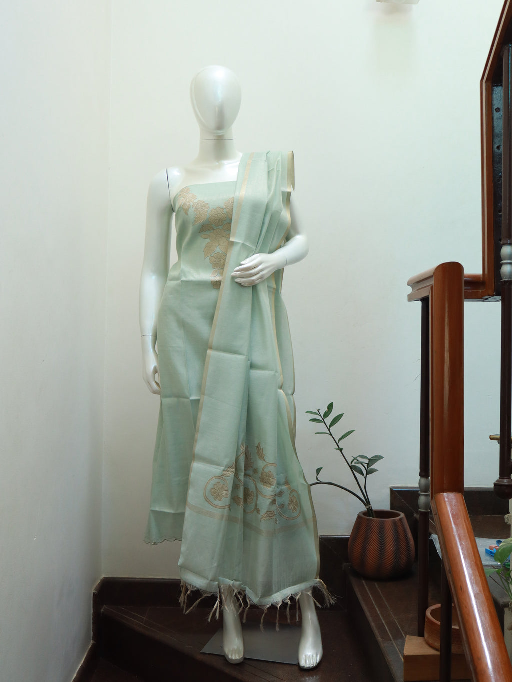 Aulera Mint Green Tissue Silk Cotta Check Embroidered Churidar Material