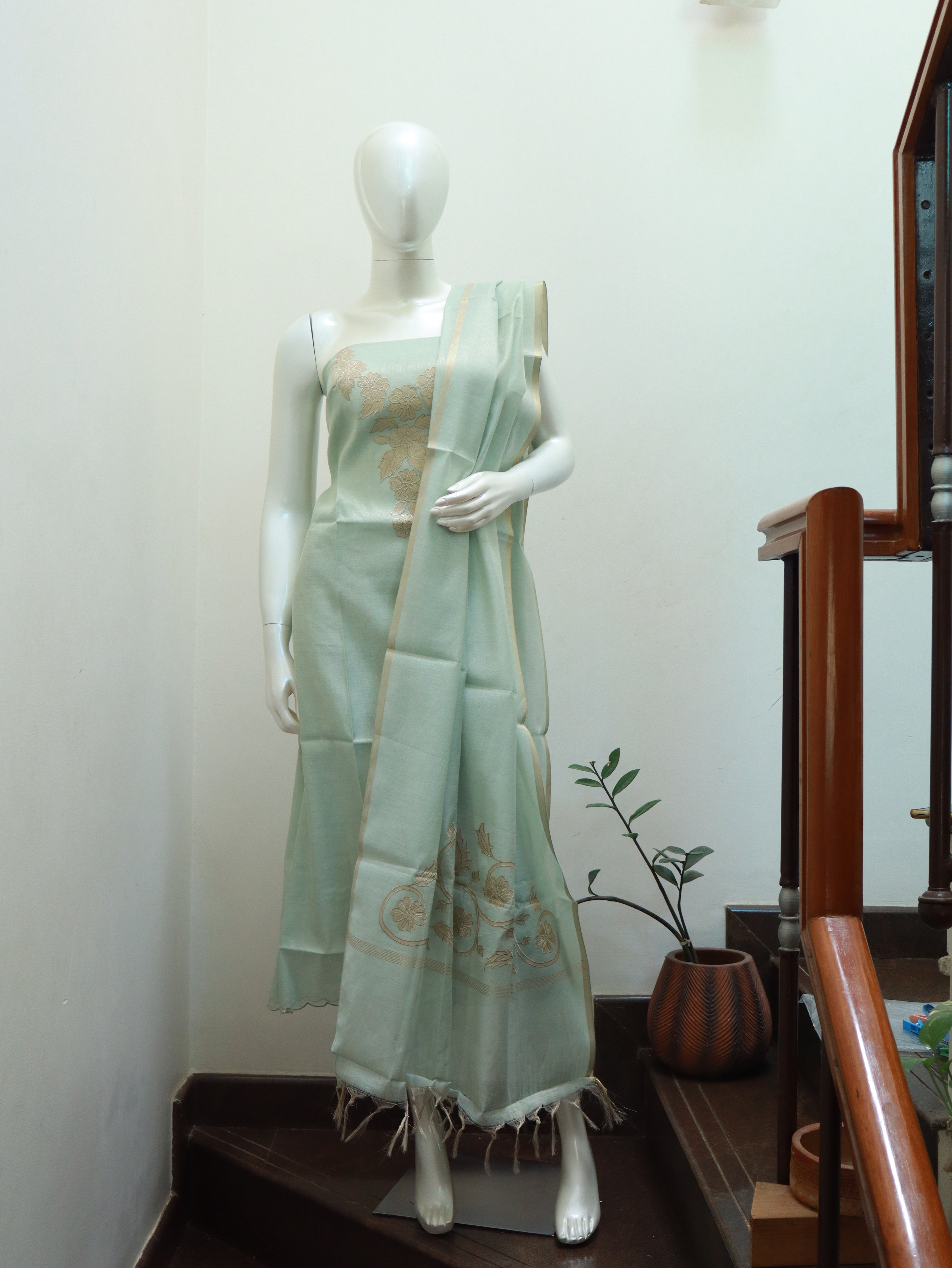 Aulera Mint Green Tissue Silk Cotta Check Embroidered Churidar Material