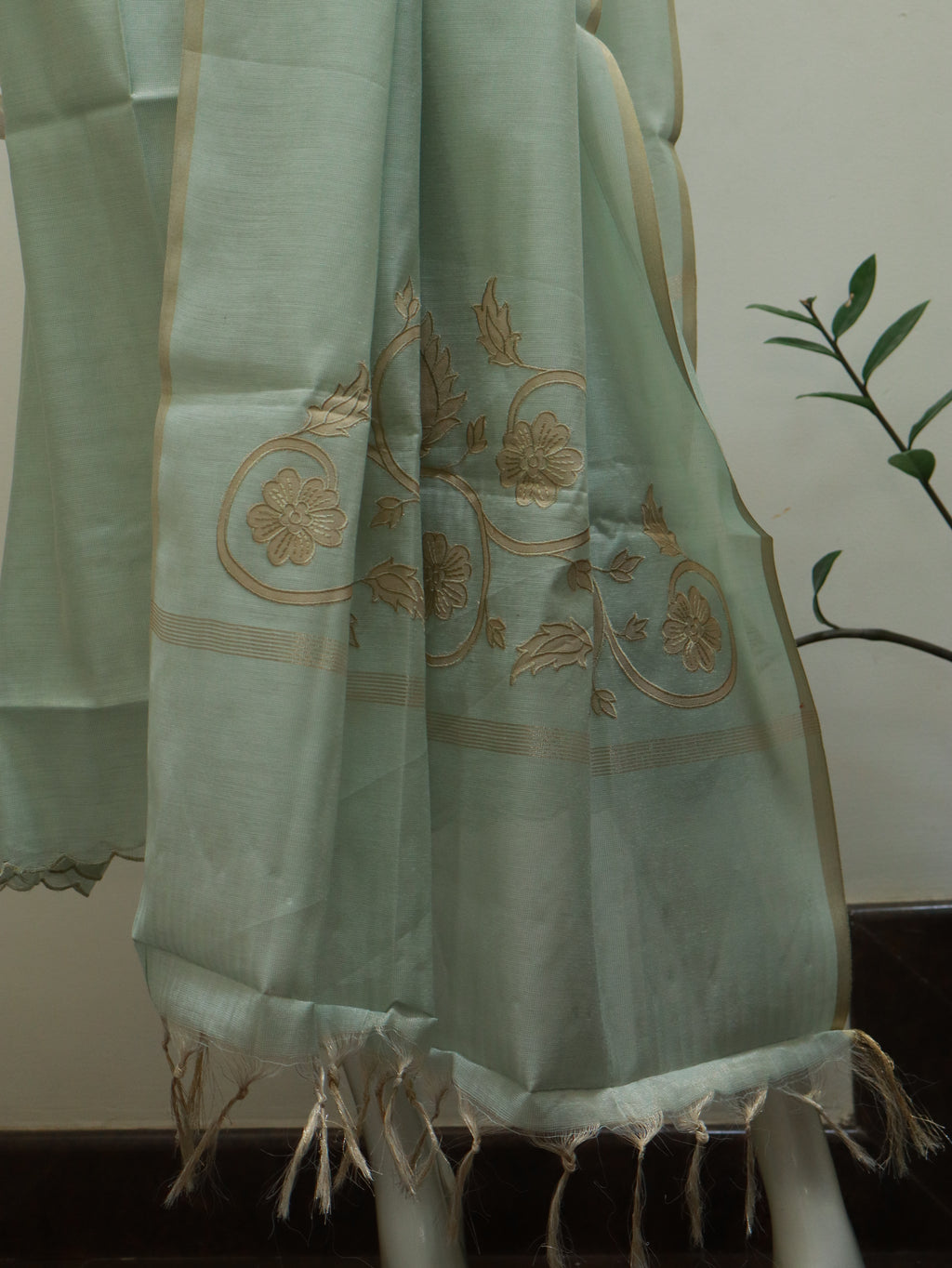 Aulera Mint Green Tissue Silk Cotta Check Embroidered Churidar Material