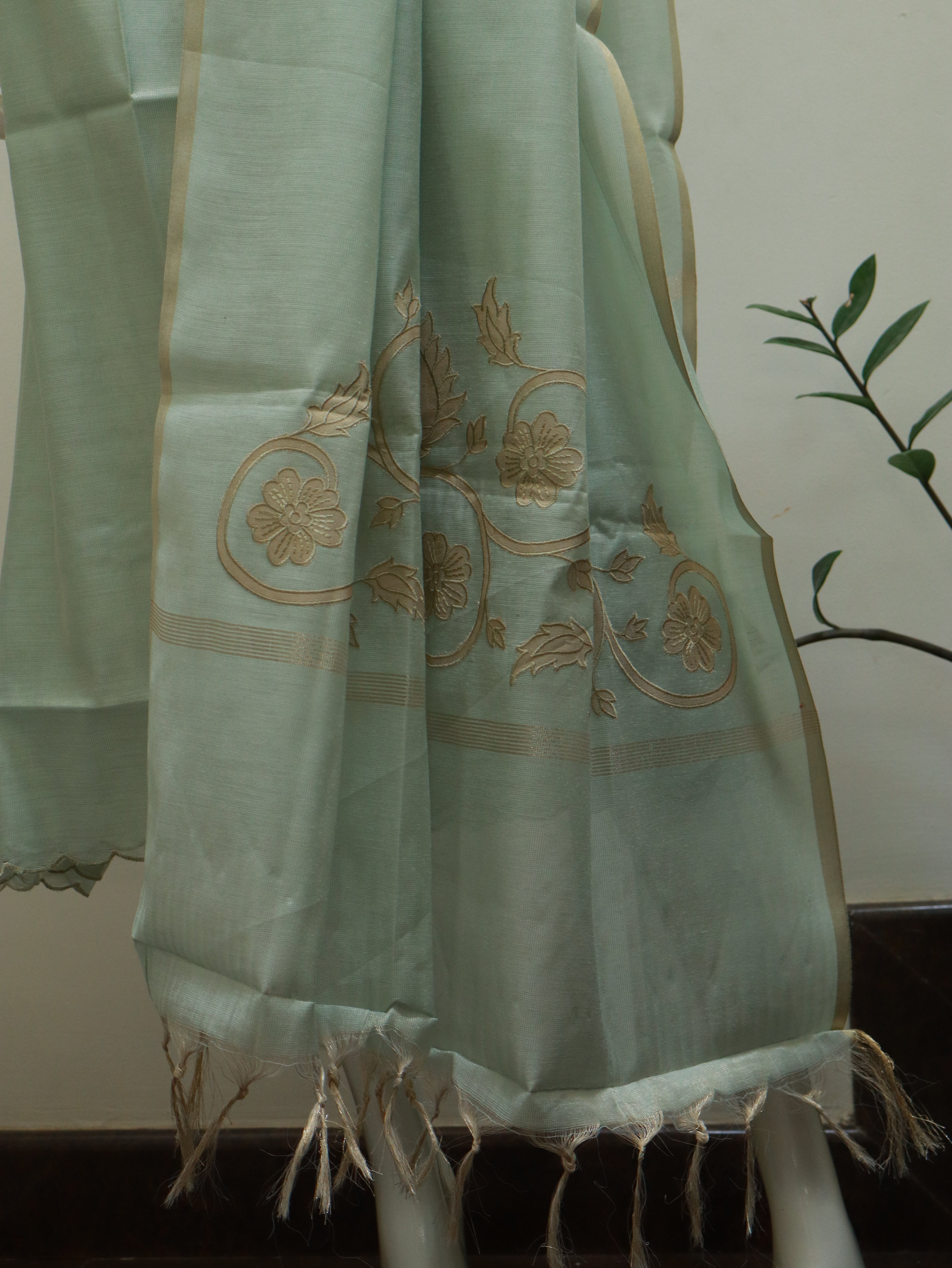 Aulera Mint Green Tissue Silk Cotta Check Embroidered Churidar Material