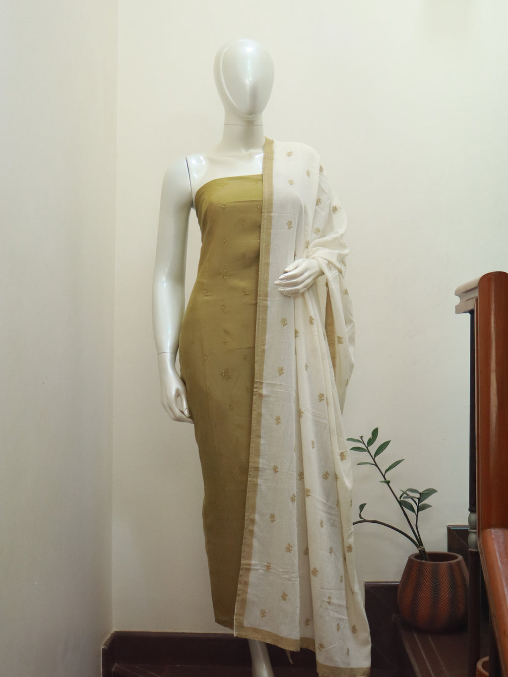 Ivory & Gold Unstitched 3-Piece Churidar Set | Elegant Ethnic Wear