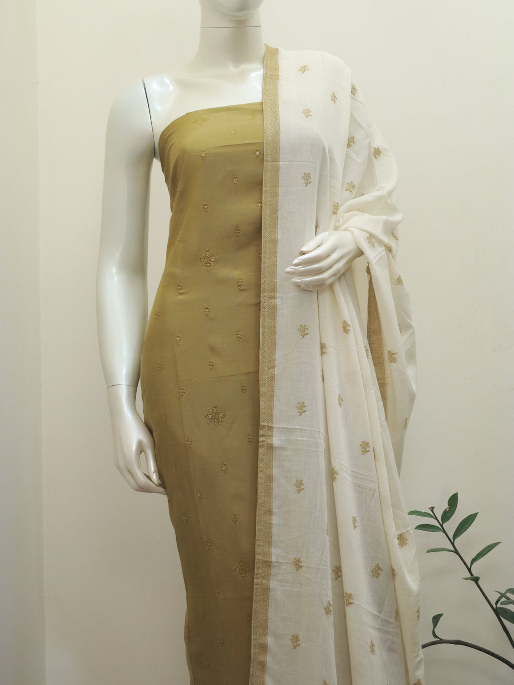 Ivory & Gold Unstitched 3-Piece Churidar Set | Elegant Ethnic Wear