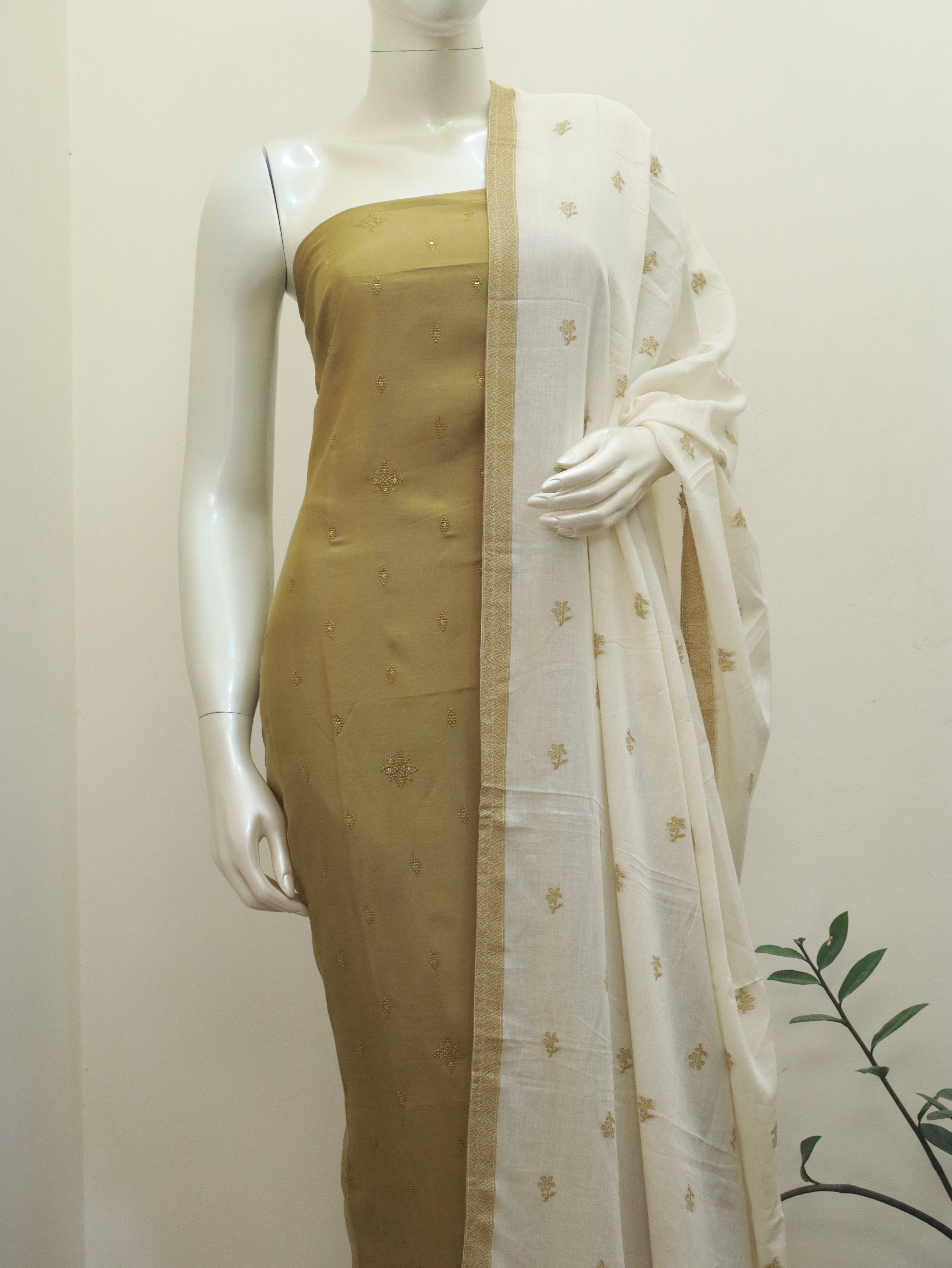 Ivory & Gold Unstitched 3-Piece Churidar Set | Elegant Ethnic Wear