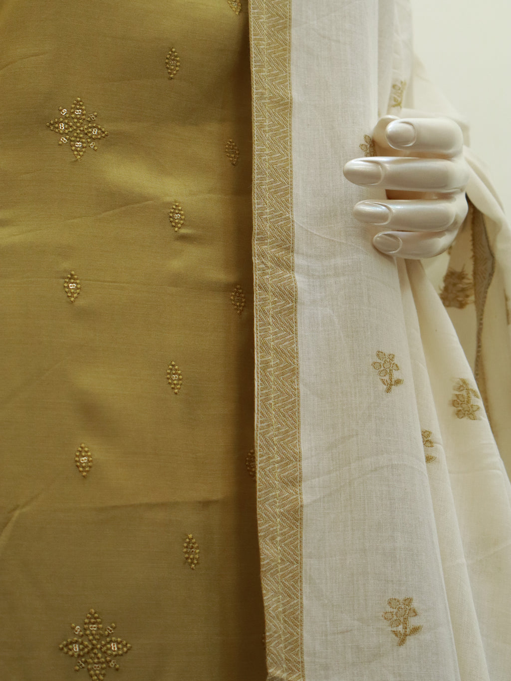 Ivory & Gold Unstitched 3-Piece Churidar Set | Elegant Ethnic Wear