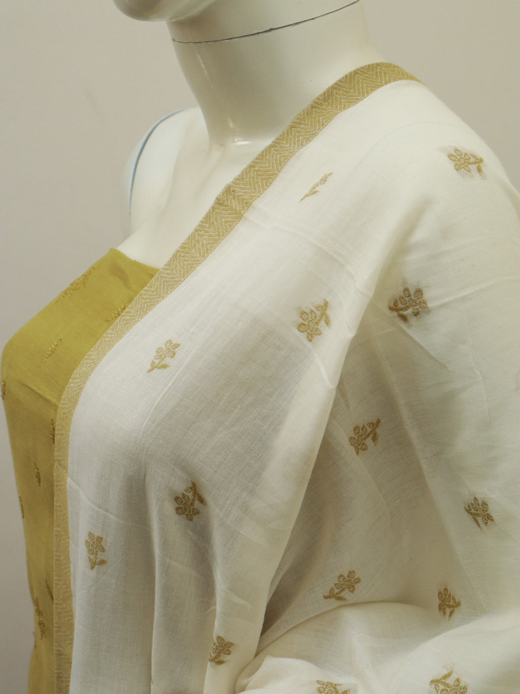 Ivory & Gold Unstitched 3-Piece Churidar Set | Elegant Ethnic Wear