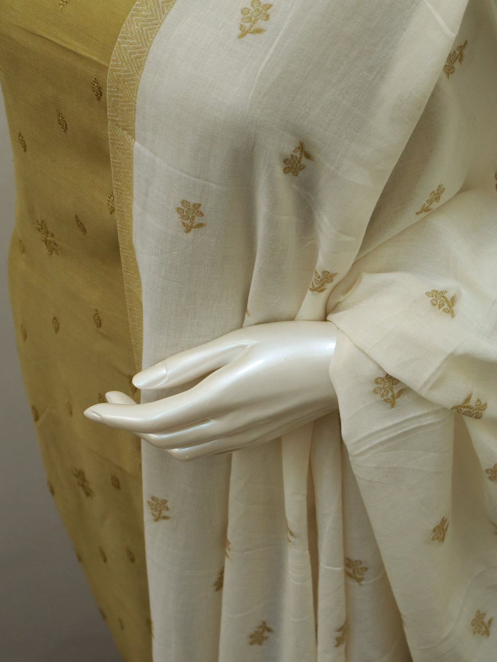Ivory & Gold Unstitched 3-Piece Churidar Set | Elegant Ethnic Wear