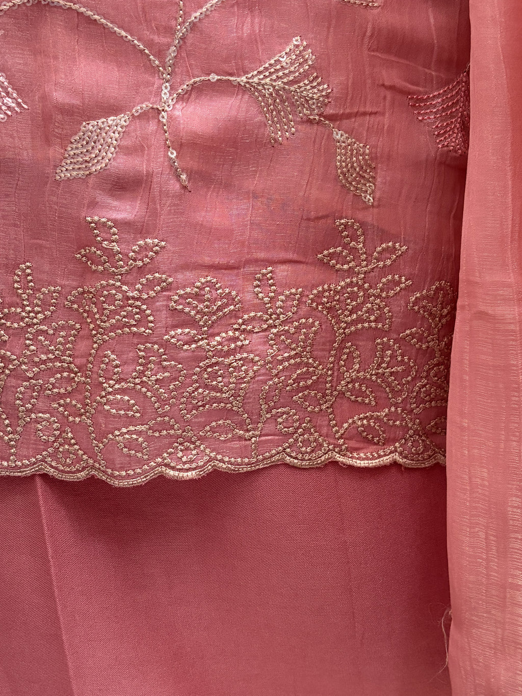 Blush Rose Embroidered unstitched Churidhar Set with Sheer Dupatta & Floral Threadwork