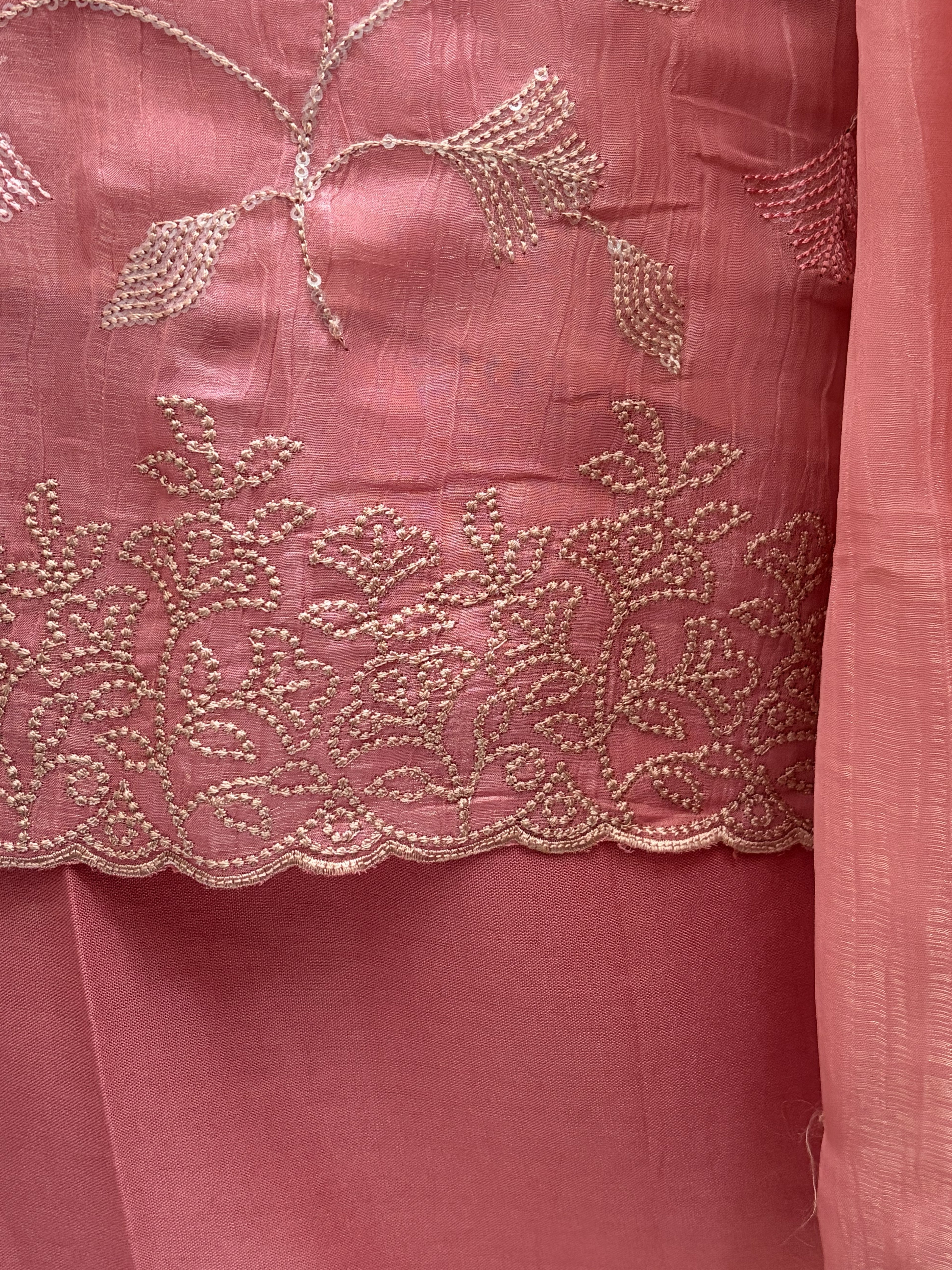 Blush Rose Embroidered unstitched Churidhar Set with Sheer Dupatta & Floral Threadwork
