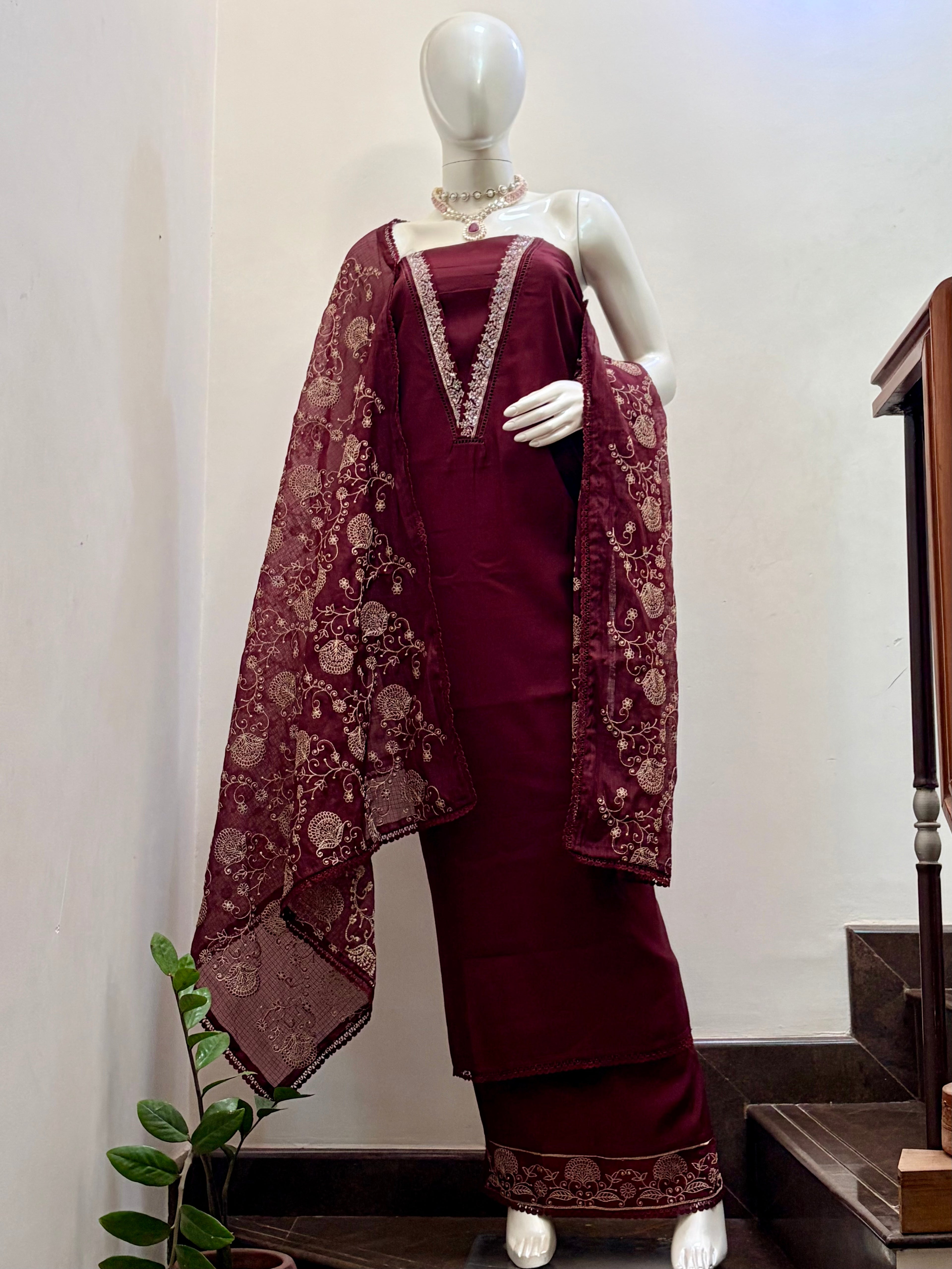 pure Roman Silk Designer Suit Material with Embellished V-Neck & Embroidered Kotta Dupatta