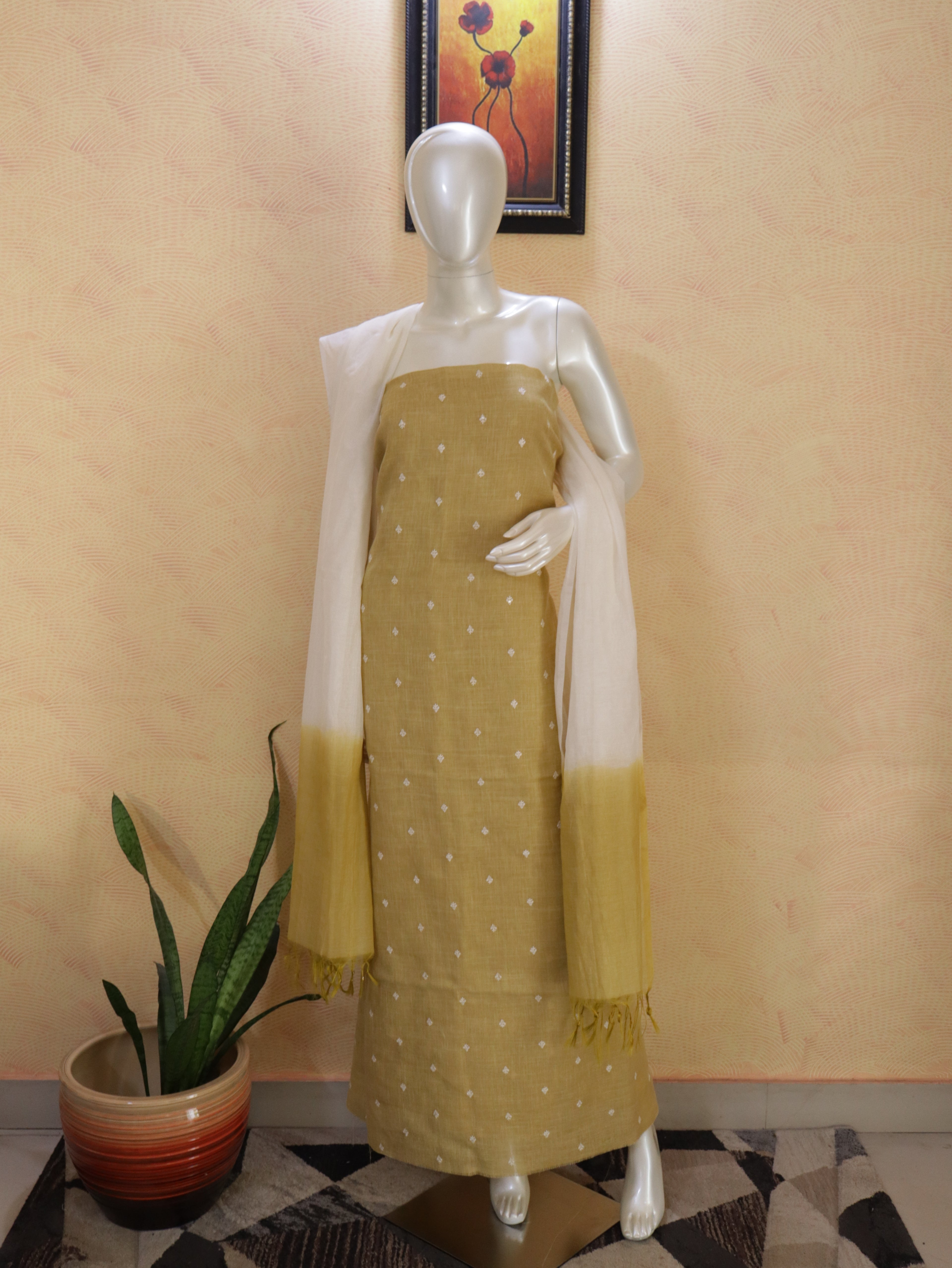 Linen Mustard yellow  Kurta Set with Delicate embroidered buttas