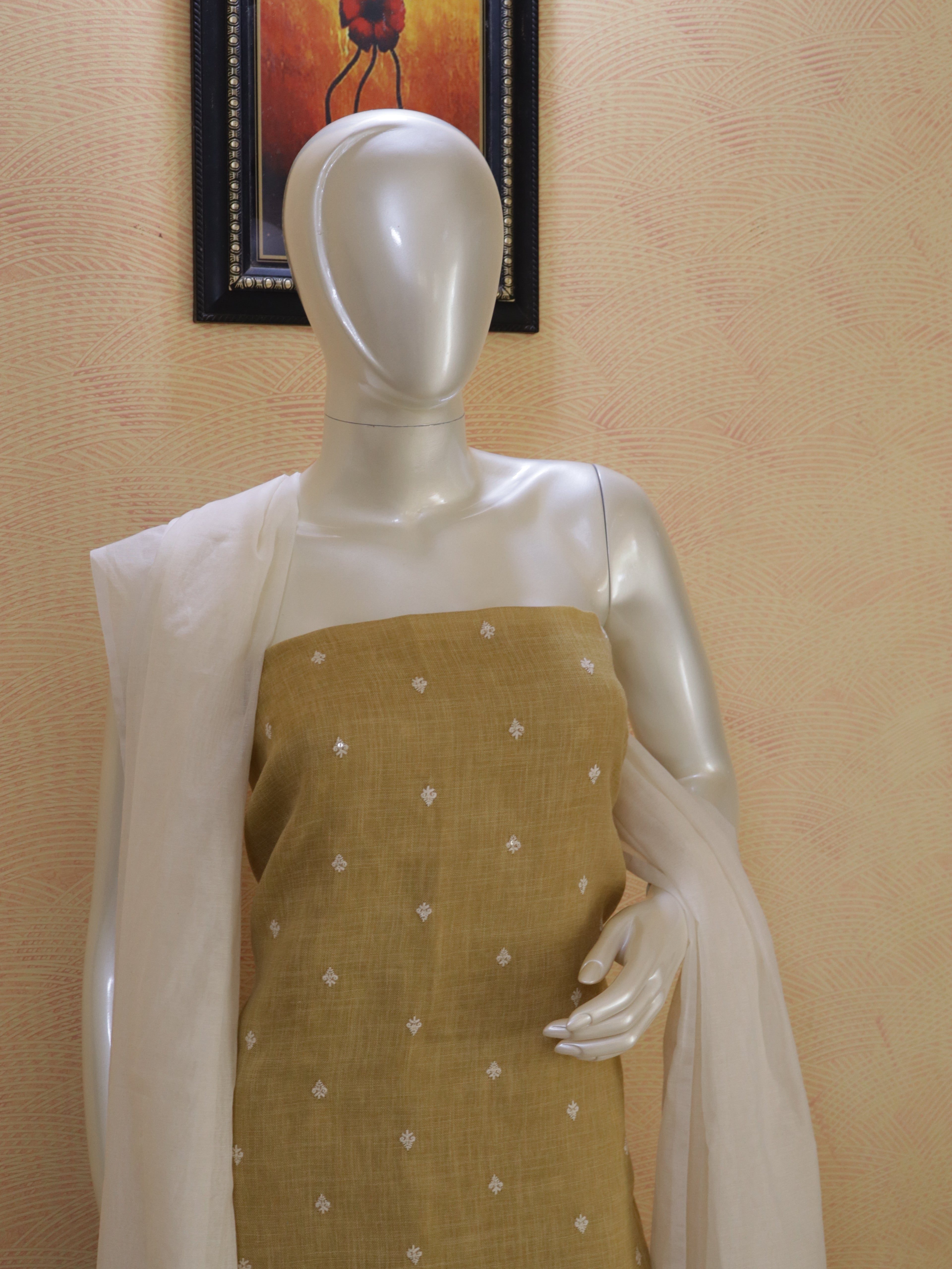 Linen Mustard yellow  Kurta Set with Delicate embroidered buttas