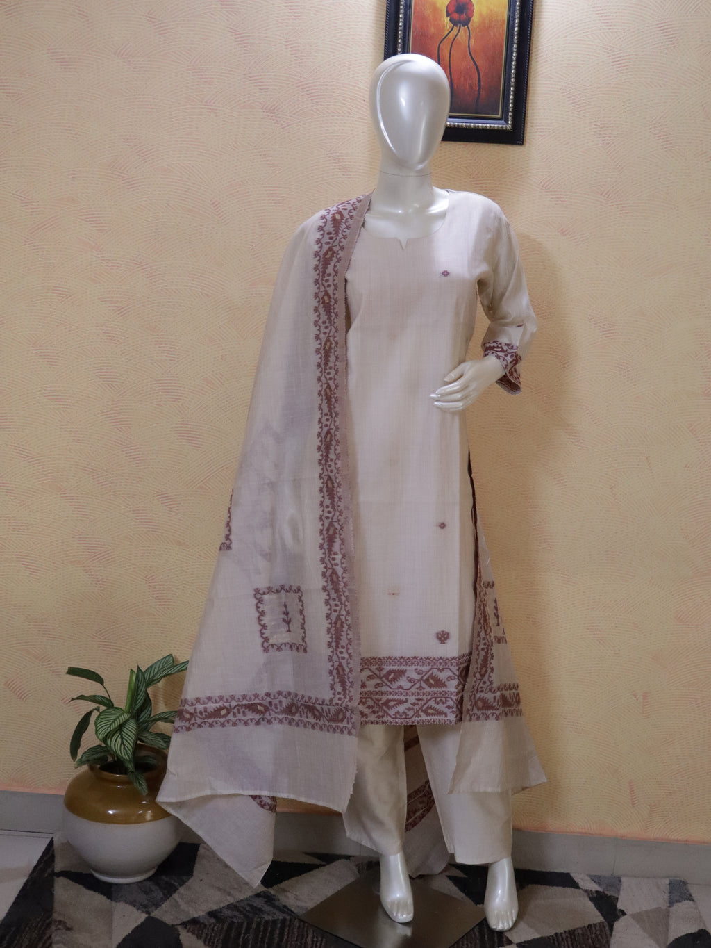 Elegant Chanderi Jhamdhani Stitched Suit with Golden Butas & Lining
