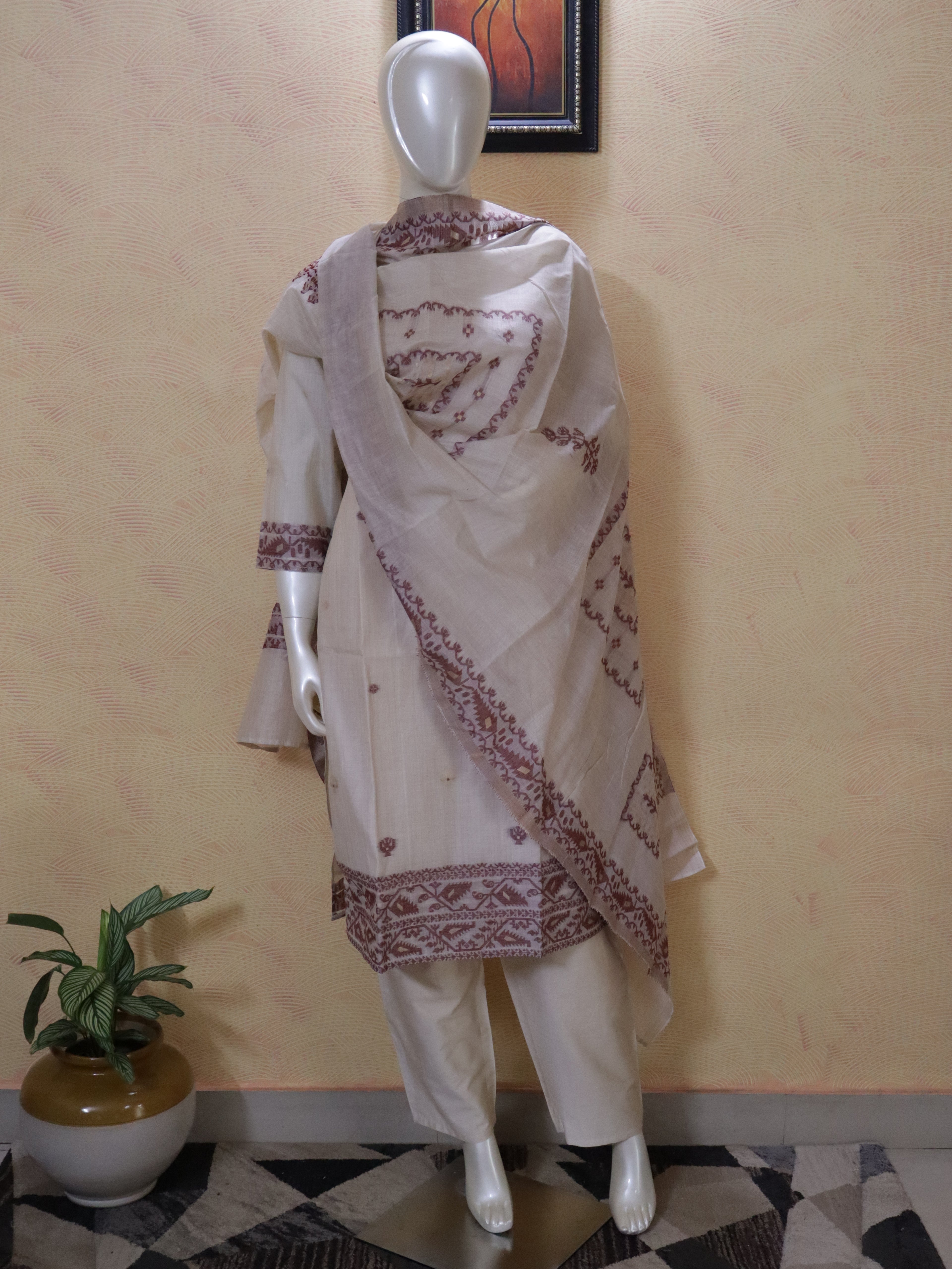 Elegant Chanderi Jhamdhani Stitched Suit with Golden Butas & Lining