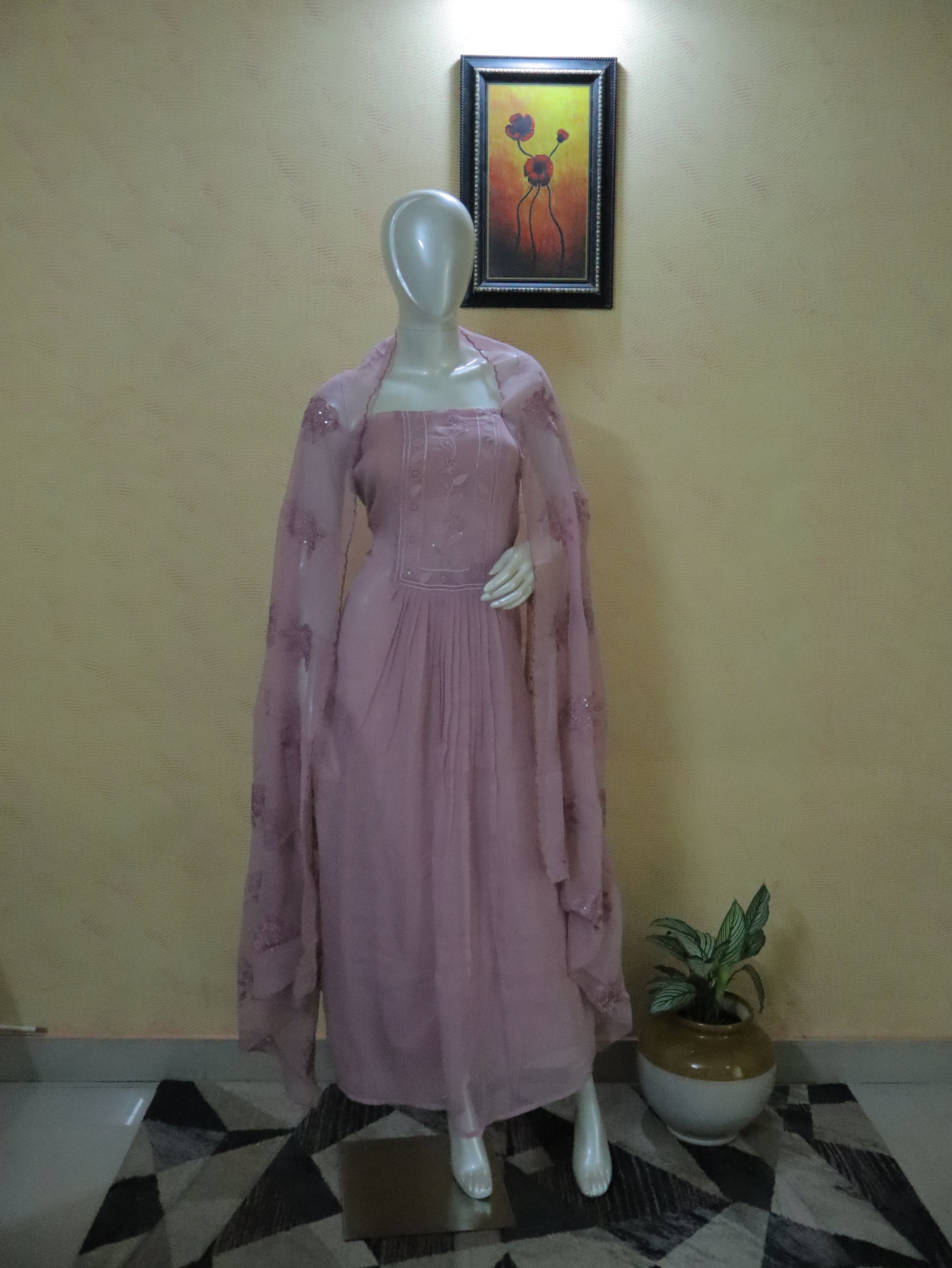 Aulera Onion  Pink Embroidered Chiffon Suit Material with Embellished Dupatta (3-Piece)
