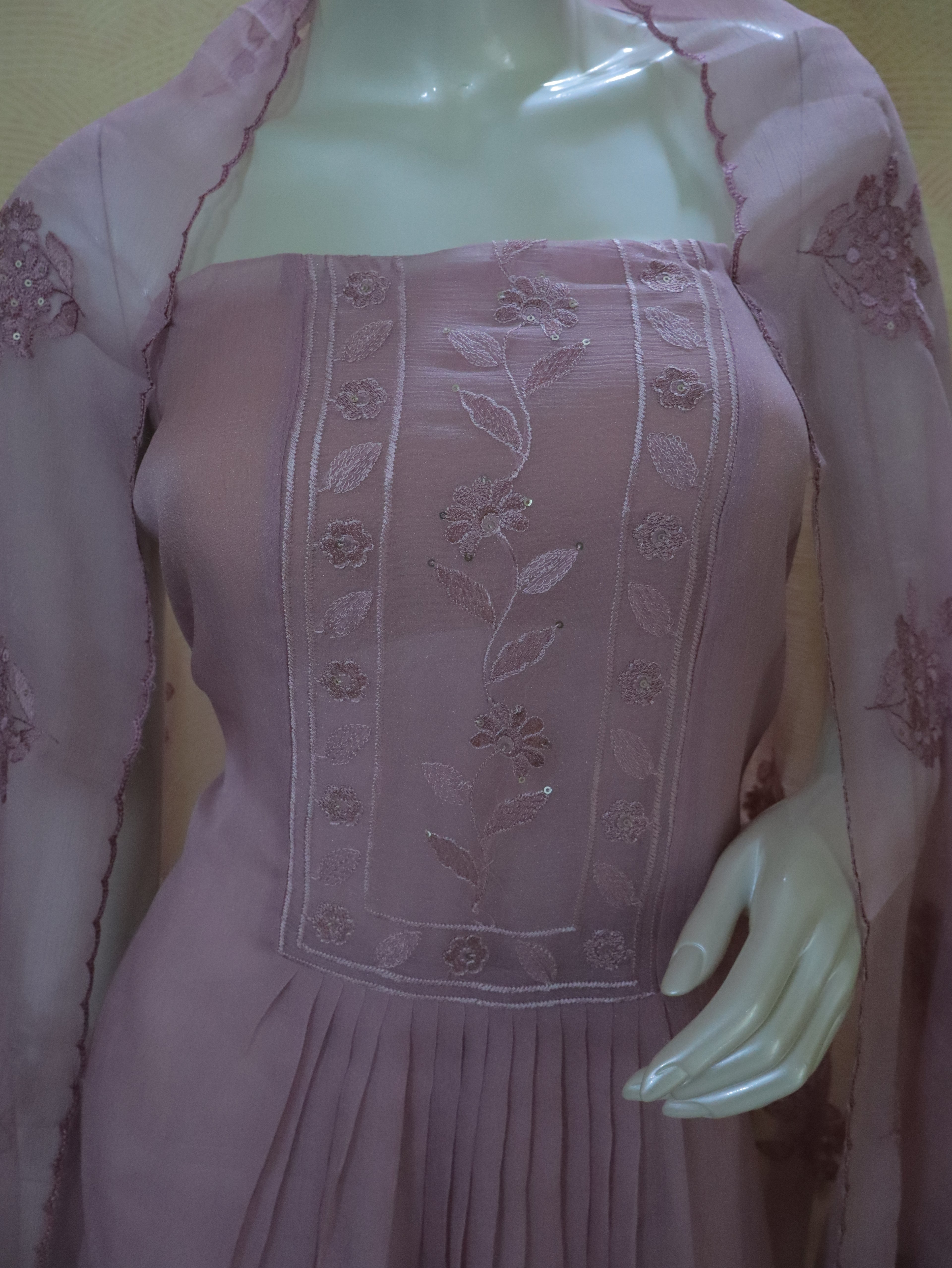 Aulera Onion  Pink Embroidered Chiffon Suit Material with Embellished Dupatta (3-Piece)