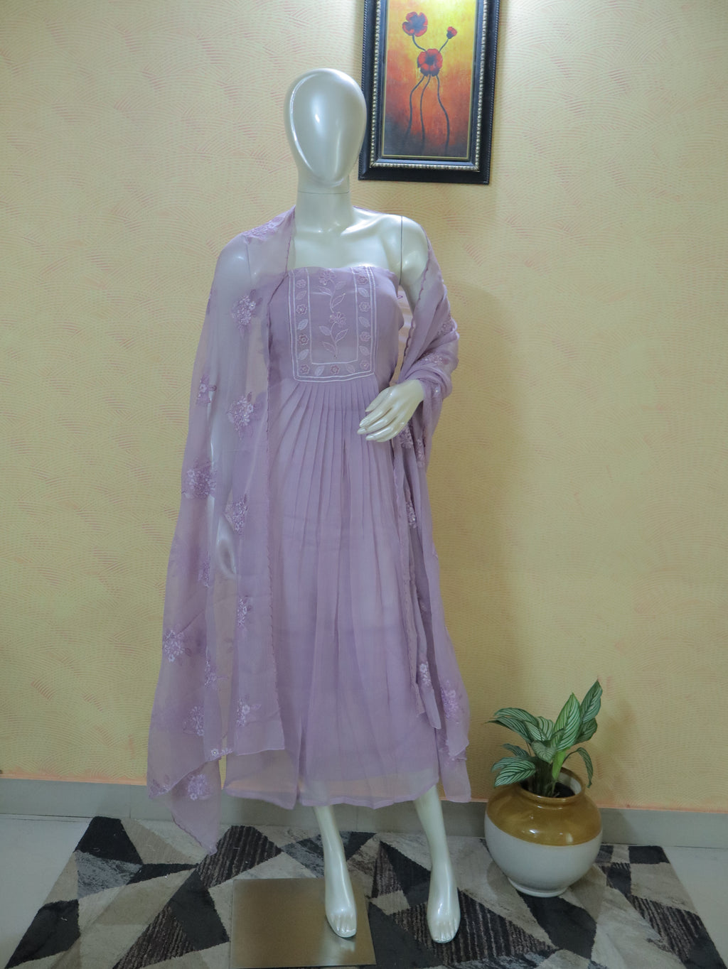 Aulera Lilac Embroidered Chiffon Suit Material with Embellished Dupatta (3-Piece)
