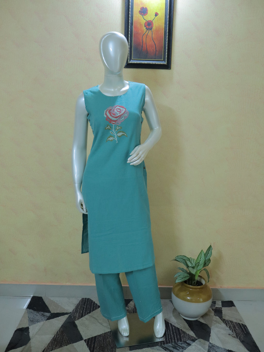Aqua Flax Cotton 2-Piece Co-ord Set for Women | Soft & Comfortable Floral Embroidered Ethnic Wear