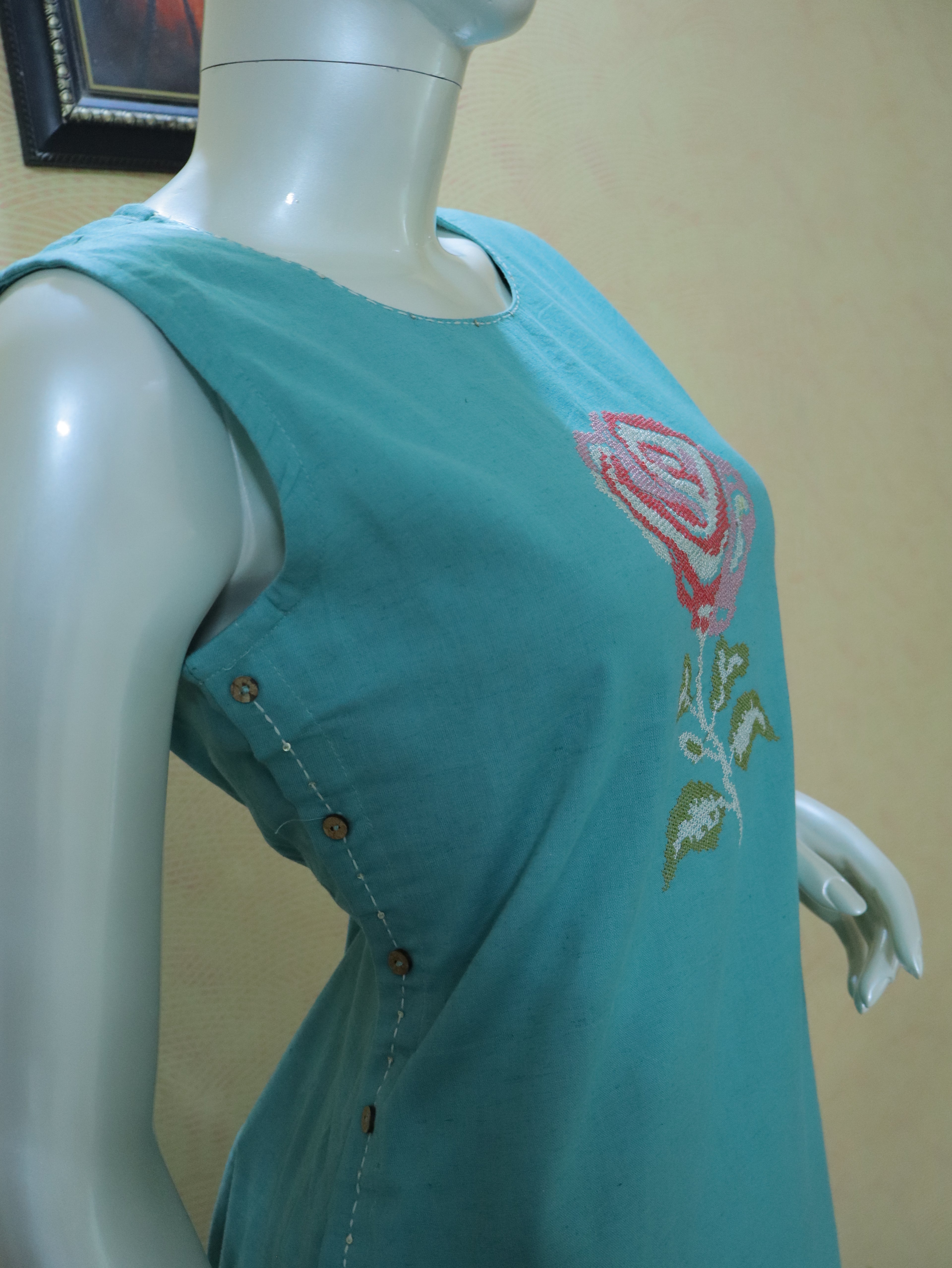 Aqua Flax Cotton 2-Piece Co-ord Set for Women | Soft & Comfortable Floral Embroidered Ethnic Wear