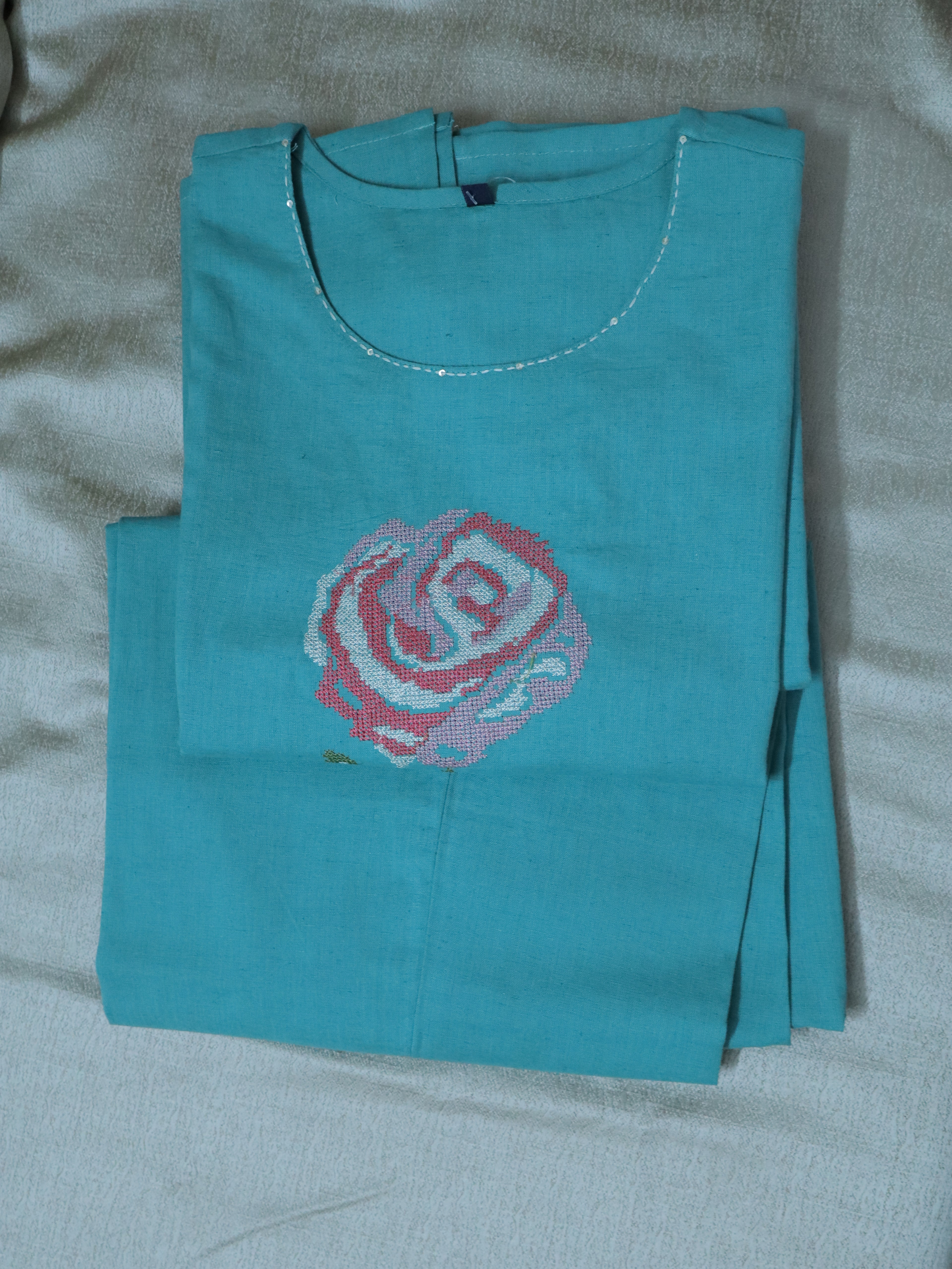 Aqua Flax Cotton 2-Piece Co-ord Set for Women | Soft & Comfortable Floral Embroidered Ethnic Wear