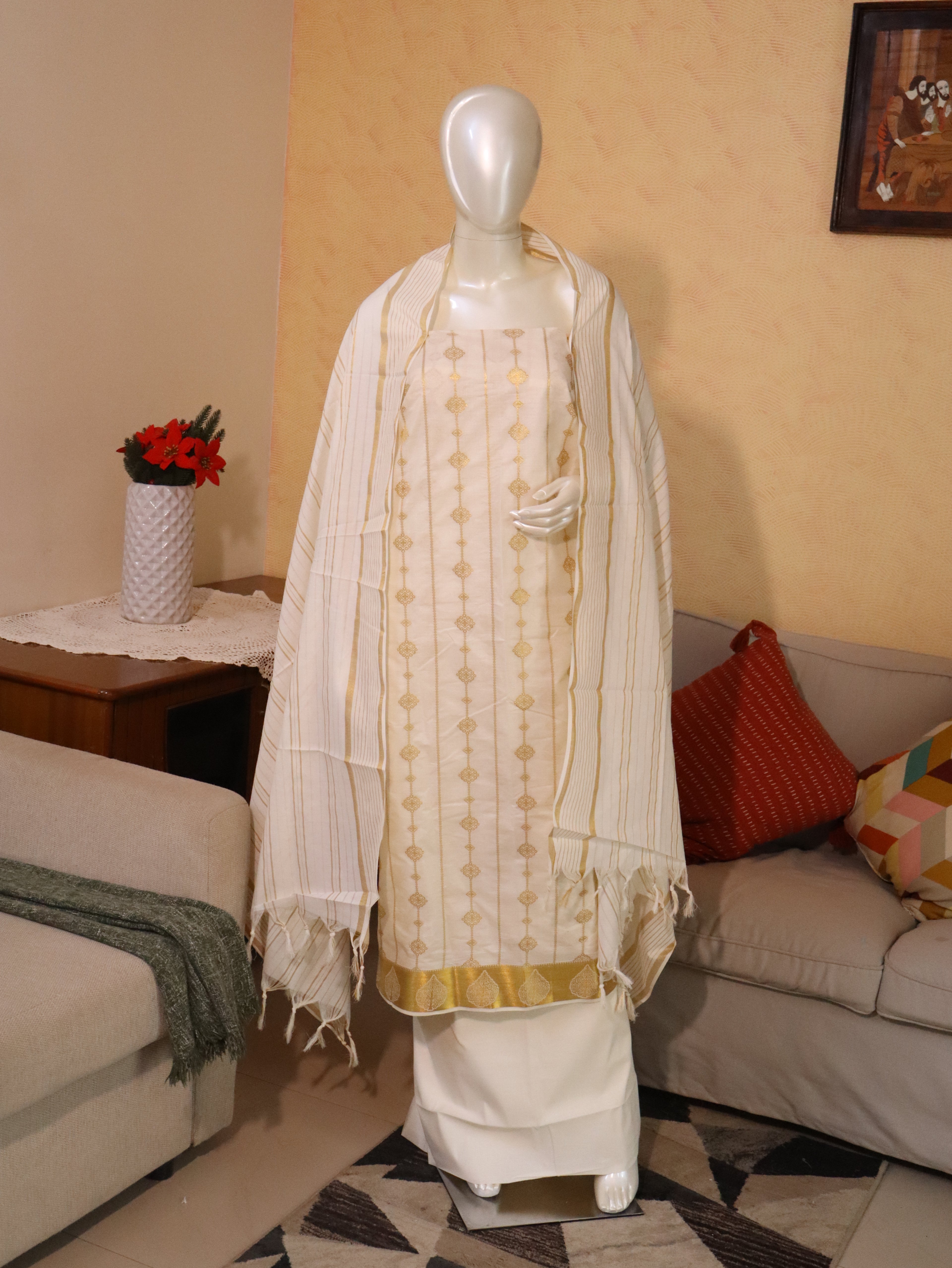 Aulera Onam edit : Pure cotton & Cotton Silk blend Churidar Material with Cotton Dupatta & Bottom | 3-Piece Unstitched Suit Set