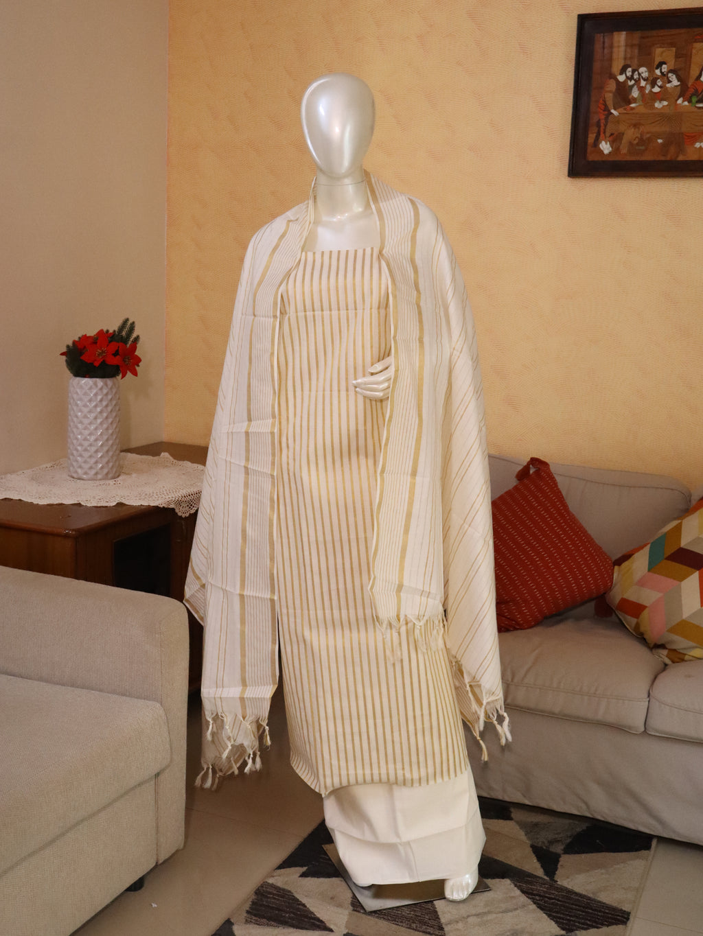 Aulera Onam edit : Pure cotton & Cotton Silk blend Striped Churidar Material with Cotton Dupatta & Bottom | 3-Piece Unstitched Suit Set