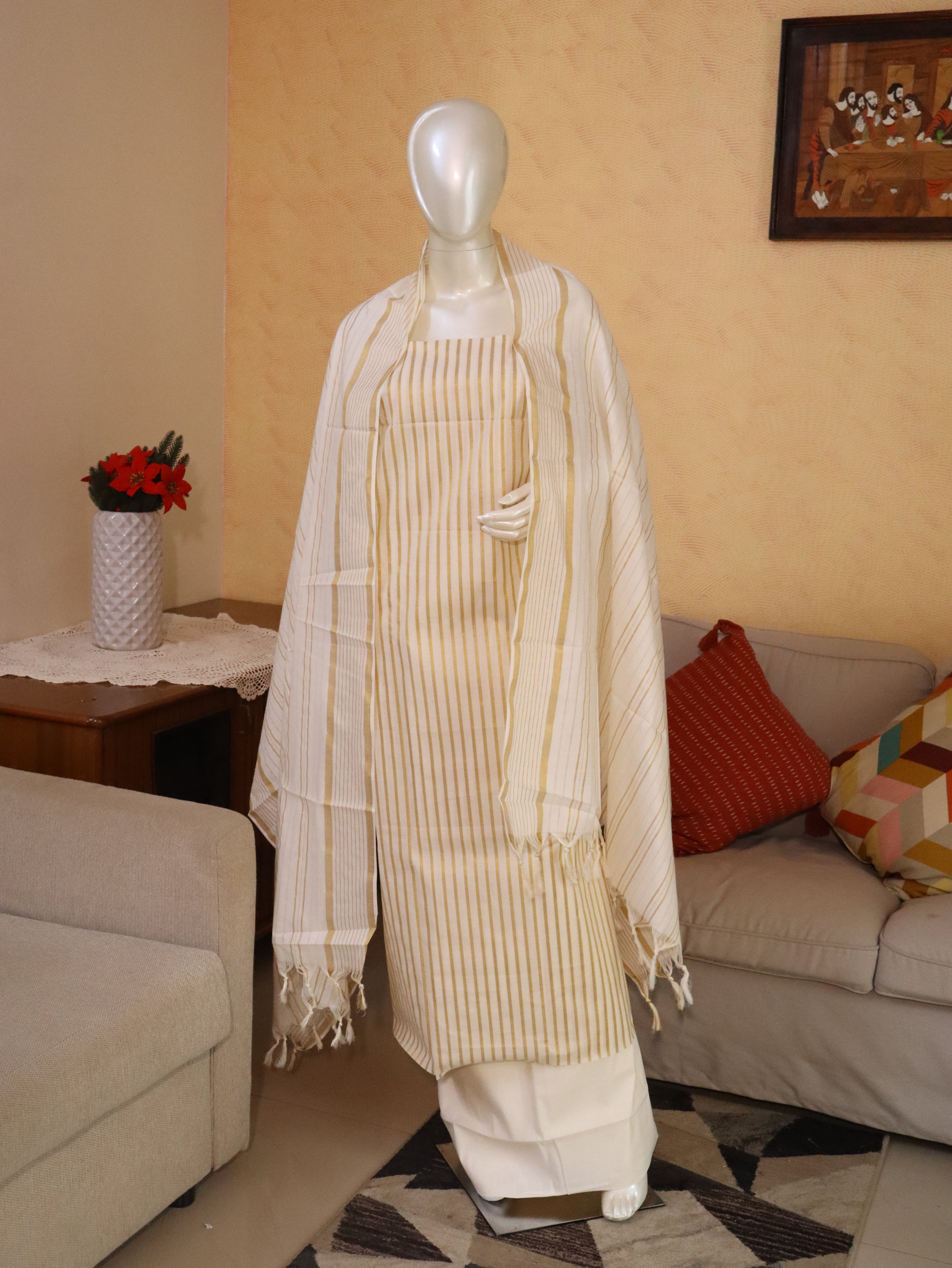 Aulera Onam edit : Pure cotton & Cotton Silk blend Striped Churidar Material with Cotton Dupatta & Bottom | 3-Piece Unstitched Suit Set
