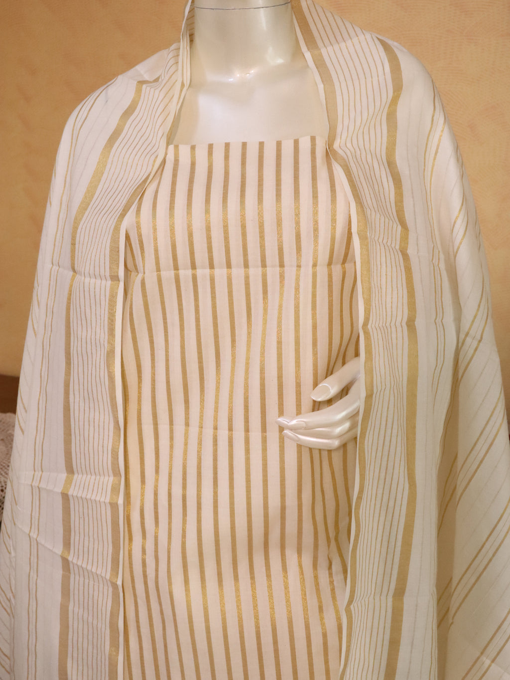 Aulera Onam edit : Pure cotton & Cotton Silk blend Striped Churidar Material with Cotton Dupatta & Bottom | 3-Piece Unstitched Suit Set