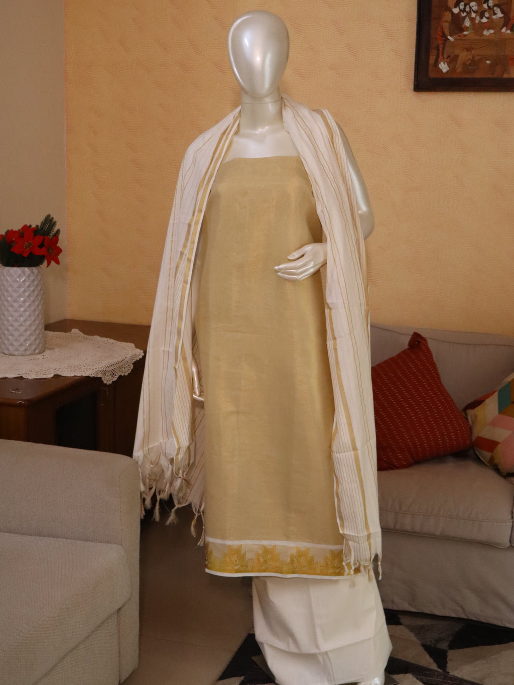 Aulera Onam edit : Off-White Tissue Silk Churidar Material with Cotton Dupatta & Bottom | 3-Piece Unstitched Suit Set
