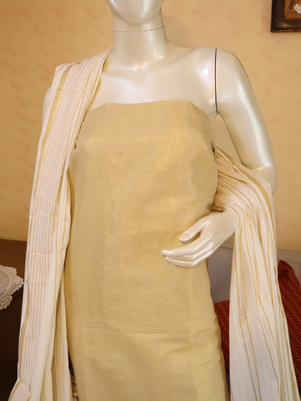 Aulera Onam edit : Off-White Tissue Silk Churidar Material with Cotton Dupatta & Bottom | 3-Piece Unstitched Suit Set