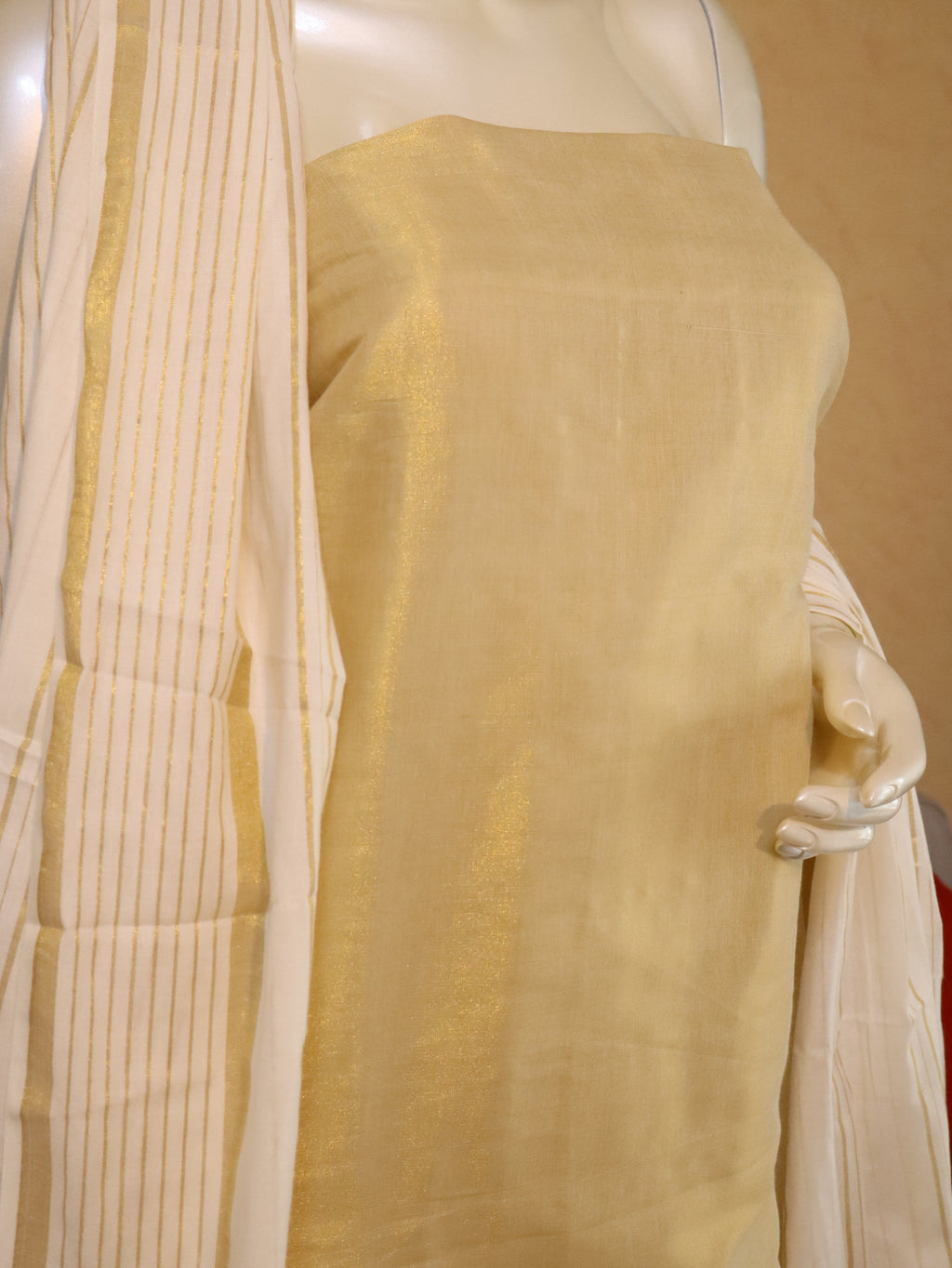 Aulera Onam edit : Off-White Tissue Silk Churidar Material with Cotton Dupatta & Bottom | 3-Piece Unstitched Suit Set